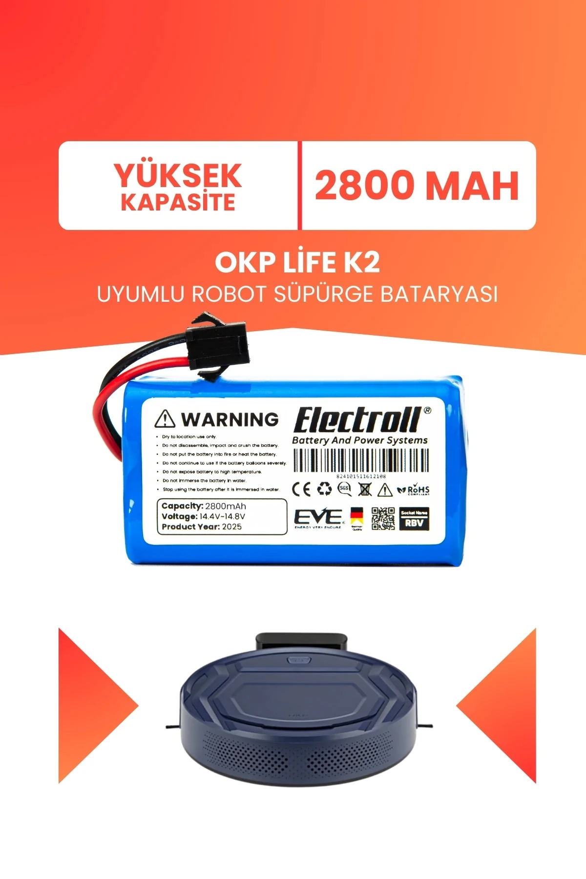 Okp Life K2 Uyumlu Batarya (YÜKSEK KAPASİTE) 2800mah Pil Robot Süpürge Bataryası