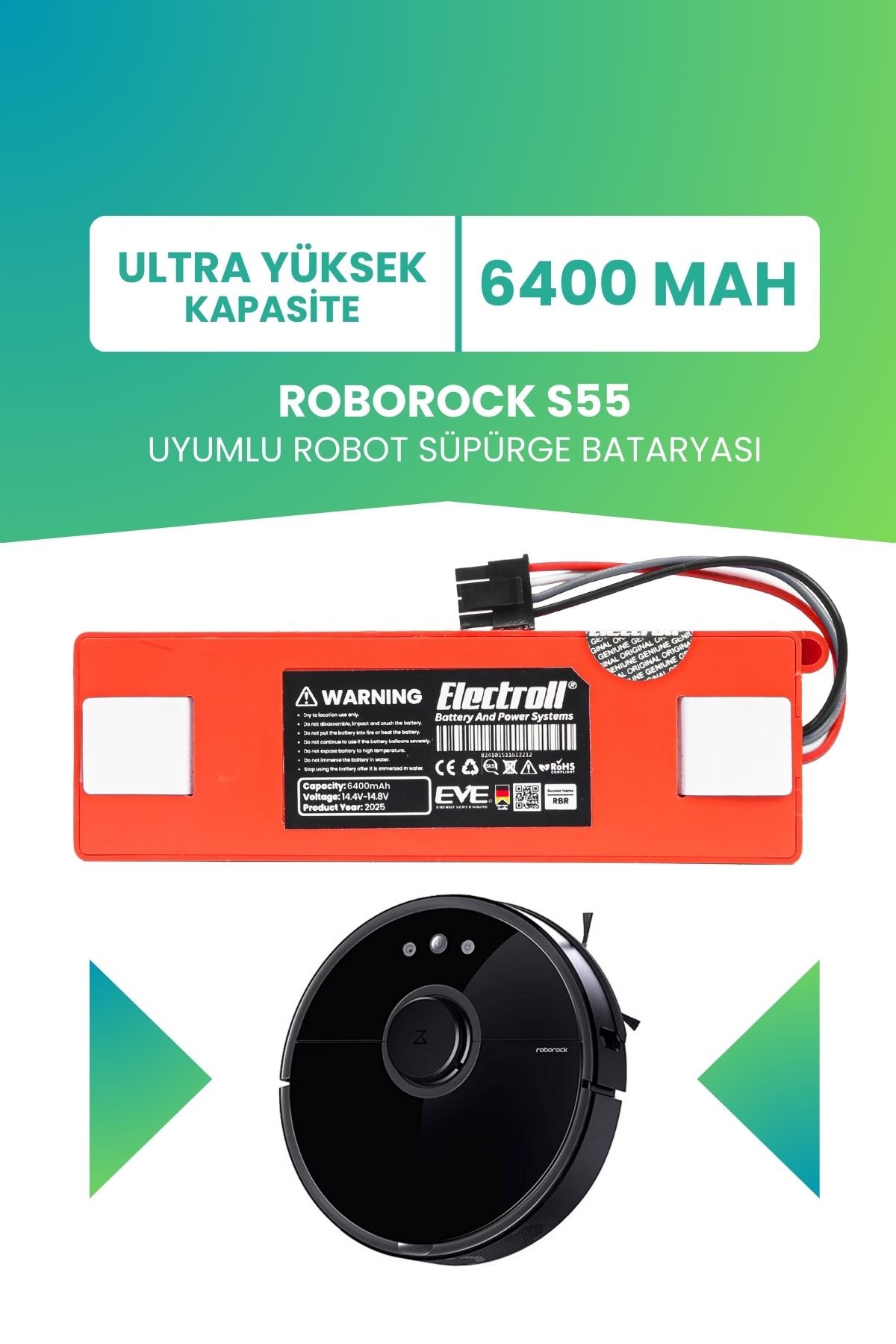 Roborock S55 Uyumlu Batarya (ULTRA YÜKSEK KAPASİTE) 6400mah Pil Robot Süpürge Bataryası Değişimi