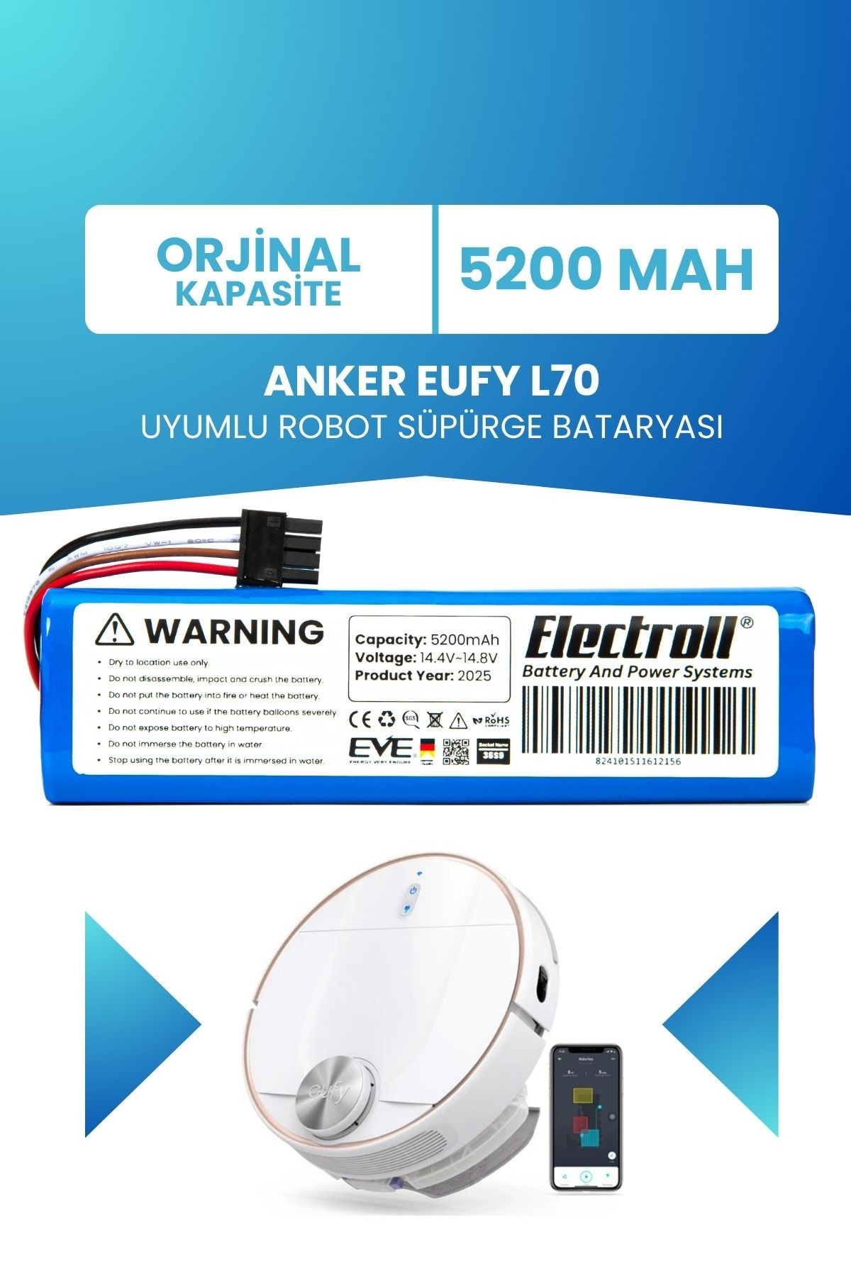 Anker Eufy L70 Uyumlu Batarya (ORJİNAL KAPASİTE) 5200mah Pil Akıllı Robot Süpürge Bataryası Değişimi
