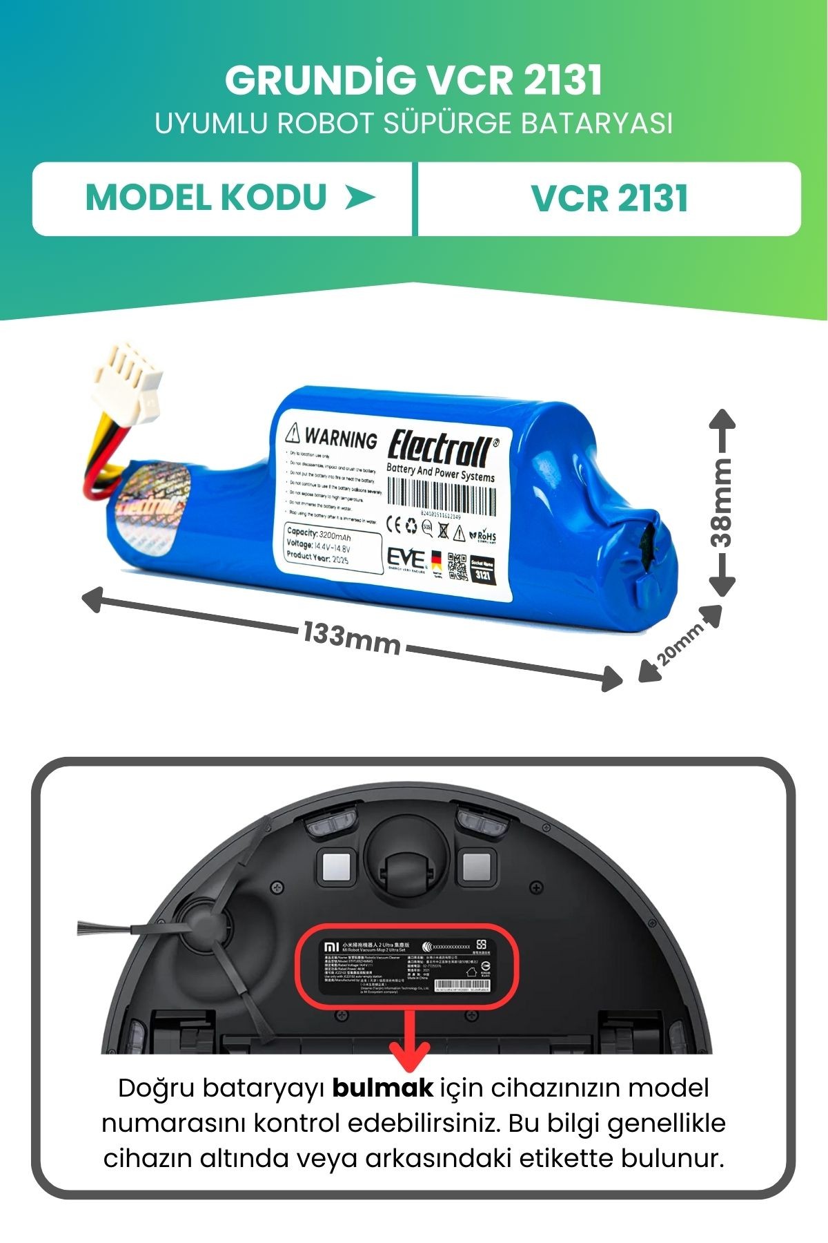 GRUNDİG VCR 2131 Uyumlu Batarya (ULTRA YÜKSEK KAPASİTE) 3200mah Pil Robot Süpürge Bataryası Değişimi