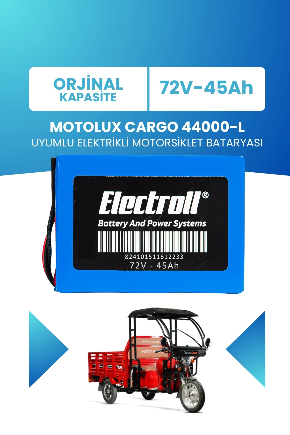 Motolux Cargo 44000-L Uyumlu Batarya (Standart Kapasite) LiFePO4 72V 45Ah Elektrikli Motorsiklet Bataryası