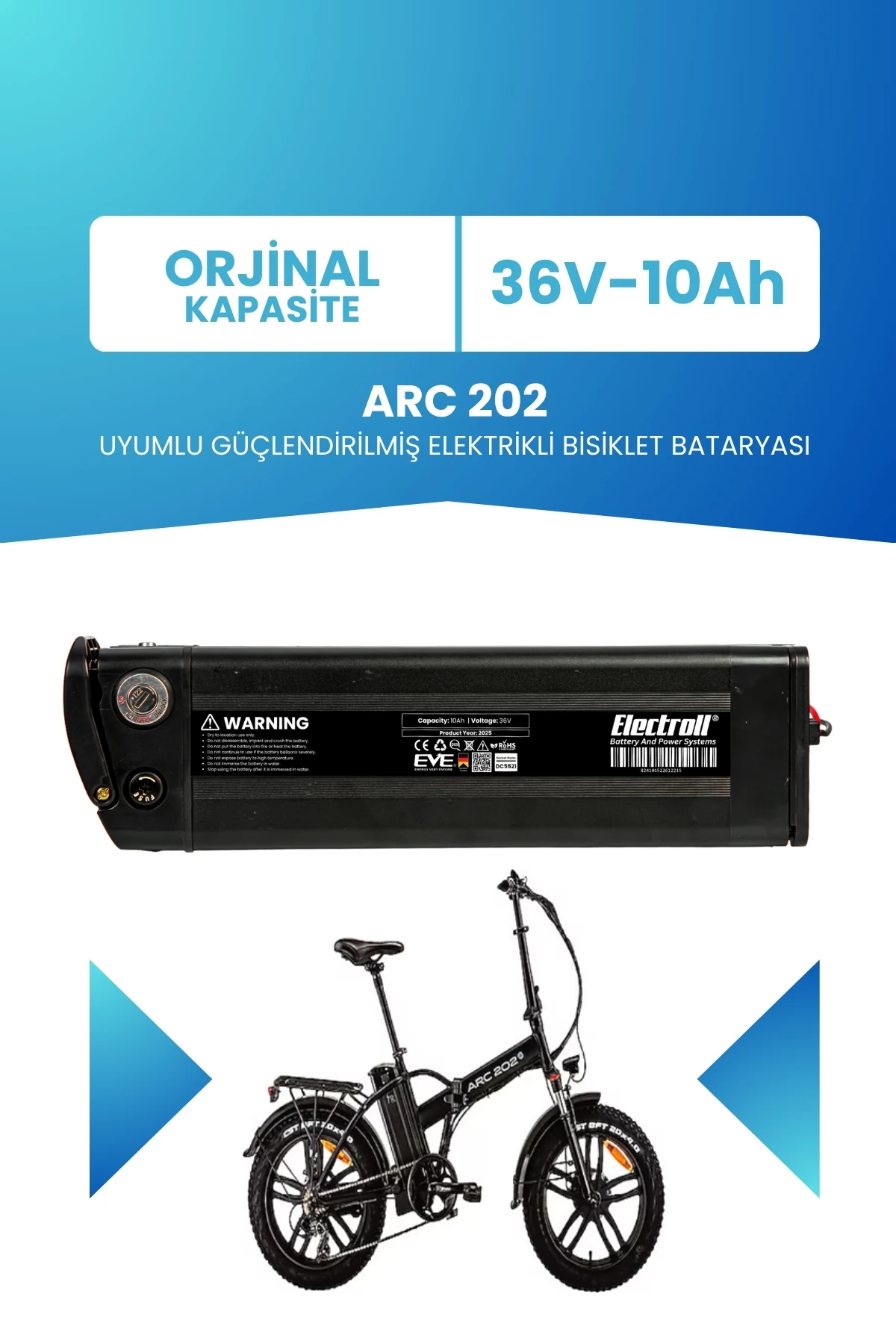 Arc 202 Uyumlu 36V 10Ah Güçlendirilmiş Elektrikli Bisiklet Bataryası