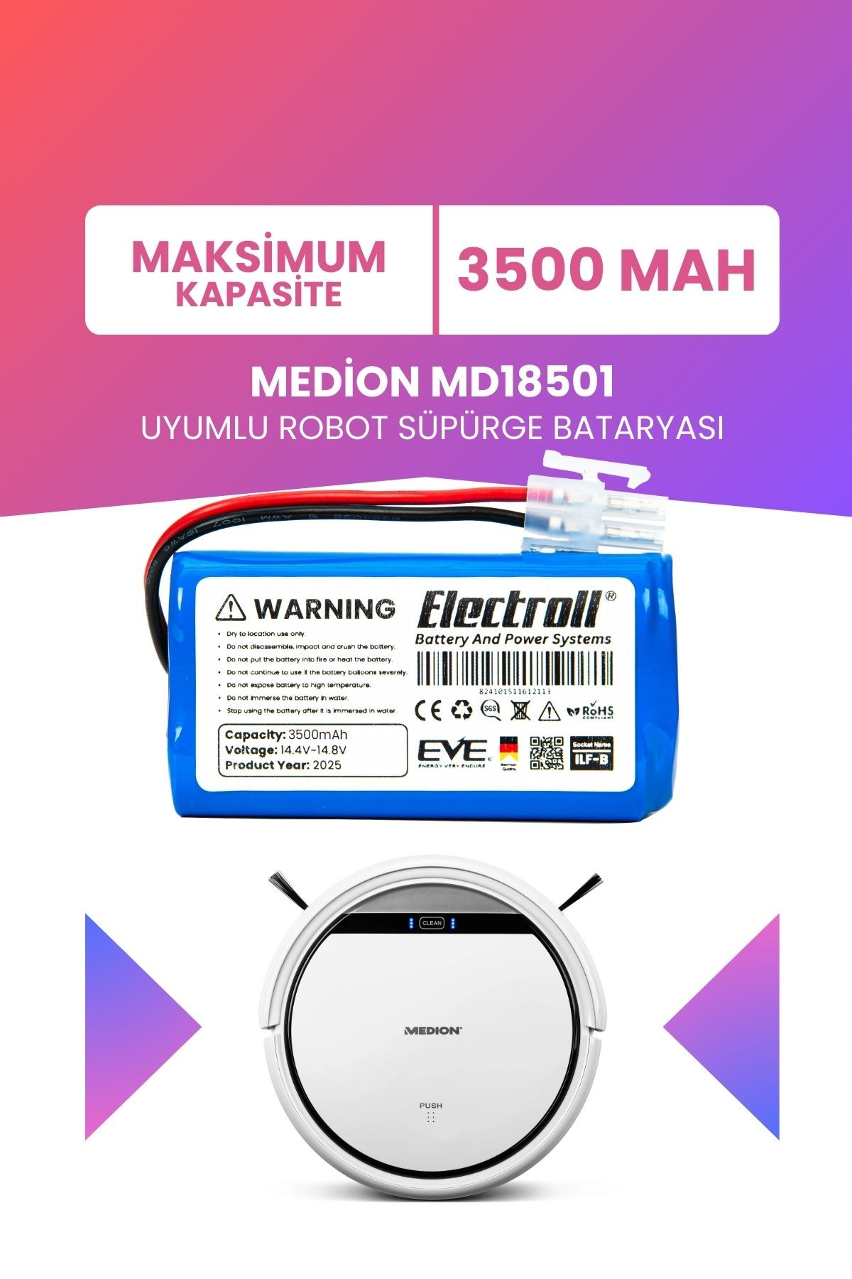 Medion MD18501 Uyumlu Batarya (MAKSİMUM KAPASİTE) 3500mah Pil Robot Süpürge Bataryası