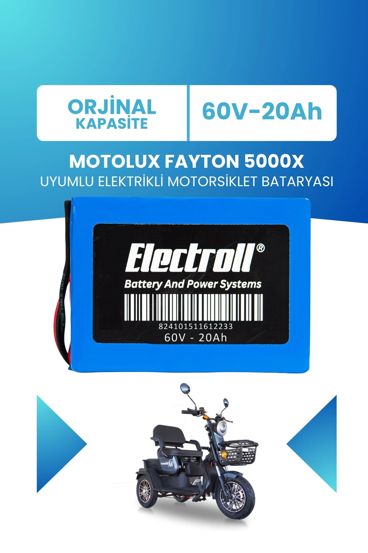 Motolux Fayton 5000X Uyumlu Batarya (Standart Kapasite) LiFePO4 60V 20Ah Elektrikli Motorsiklet Bataryası