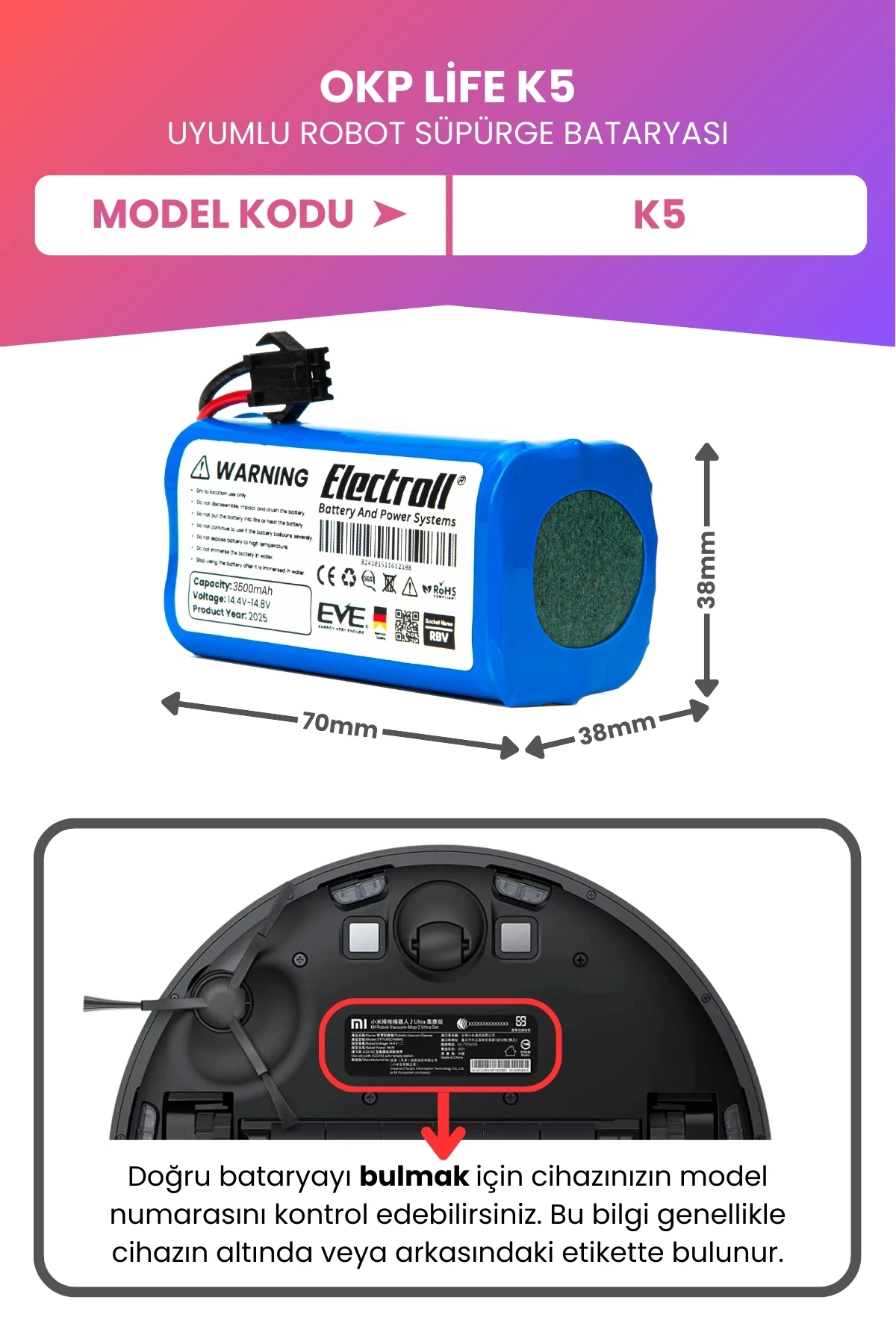 Okp Life K5 Uyumlu Batarya (MAKSİMUM KAPASİTE) 3500mah Pil Robot Süpürge Bataryası