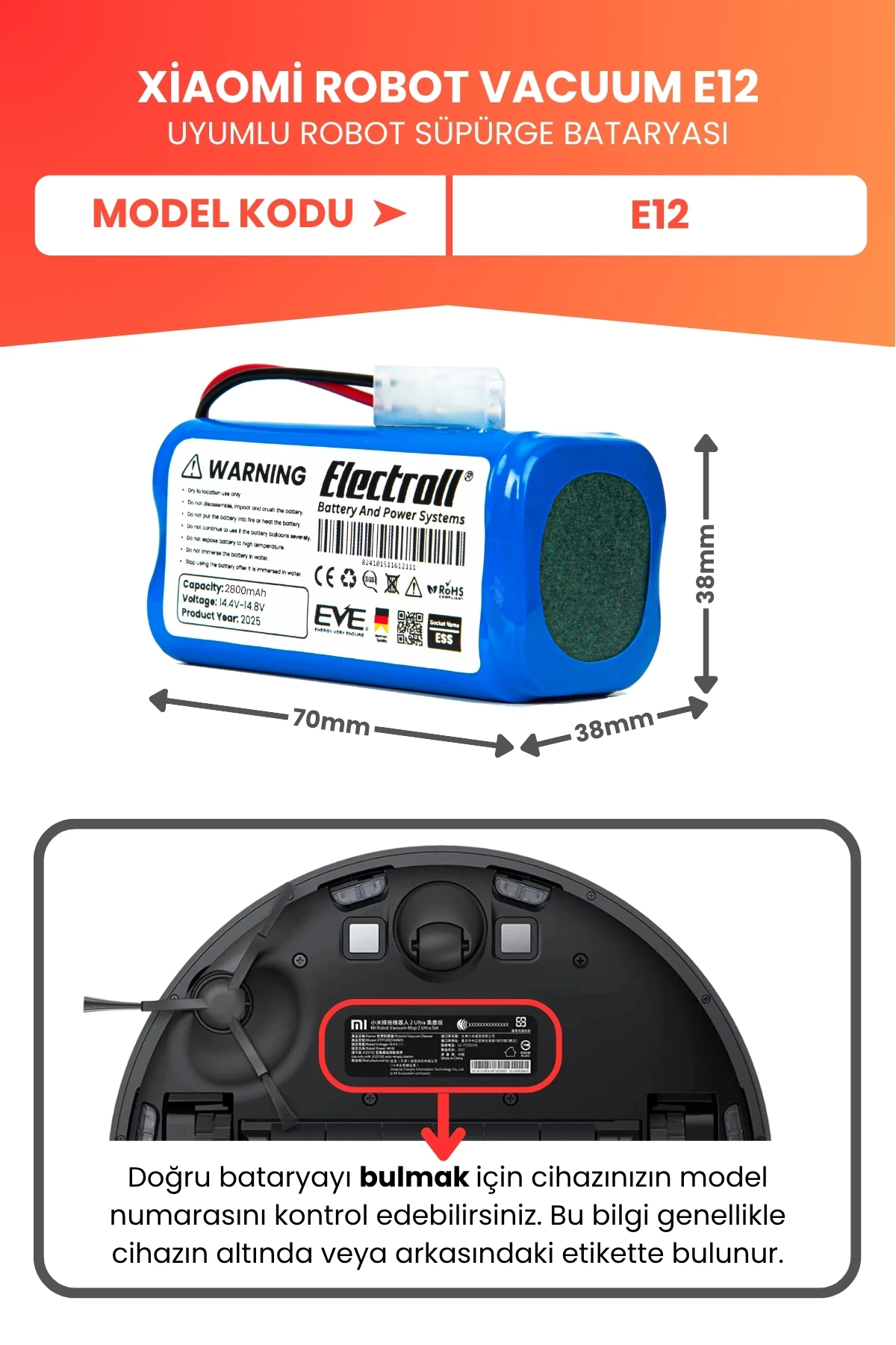 Xiaomi Robot Vacuum E12 Uyumlu Batarya (YÜKSEK KAPASİTE) 2800mah Pil Robot Süpürge Bataryası
