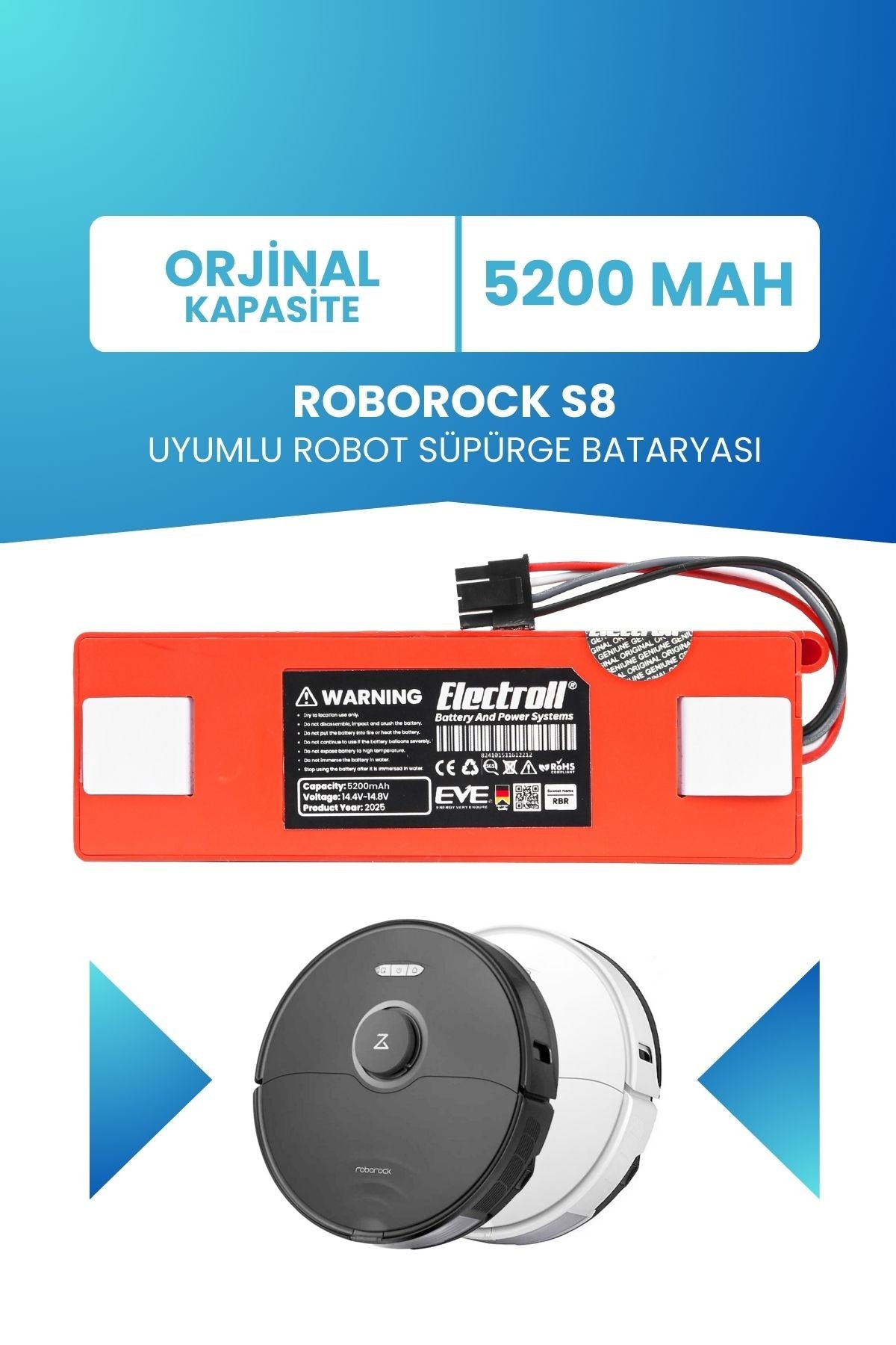 Roborock S8 Uyumlu Batarya (ORJİNAL KAPASİTE) 5200mah Kutulu Robot Süpürge Pil Değişimi