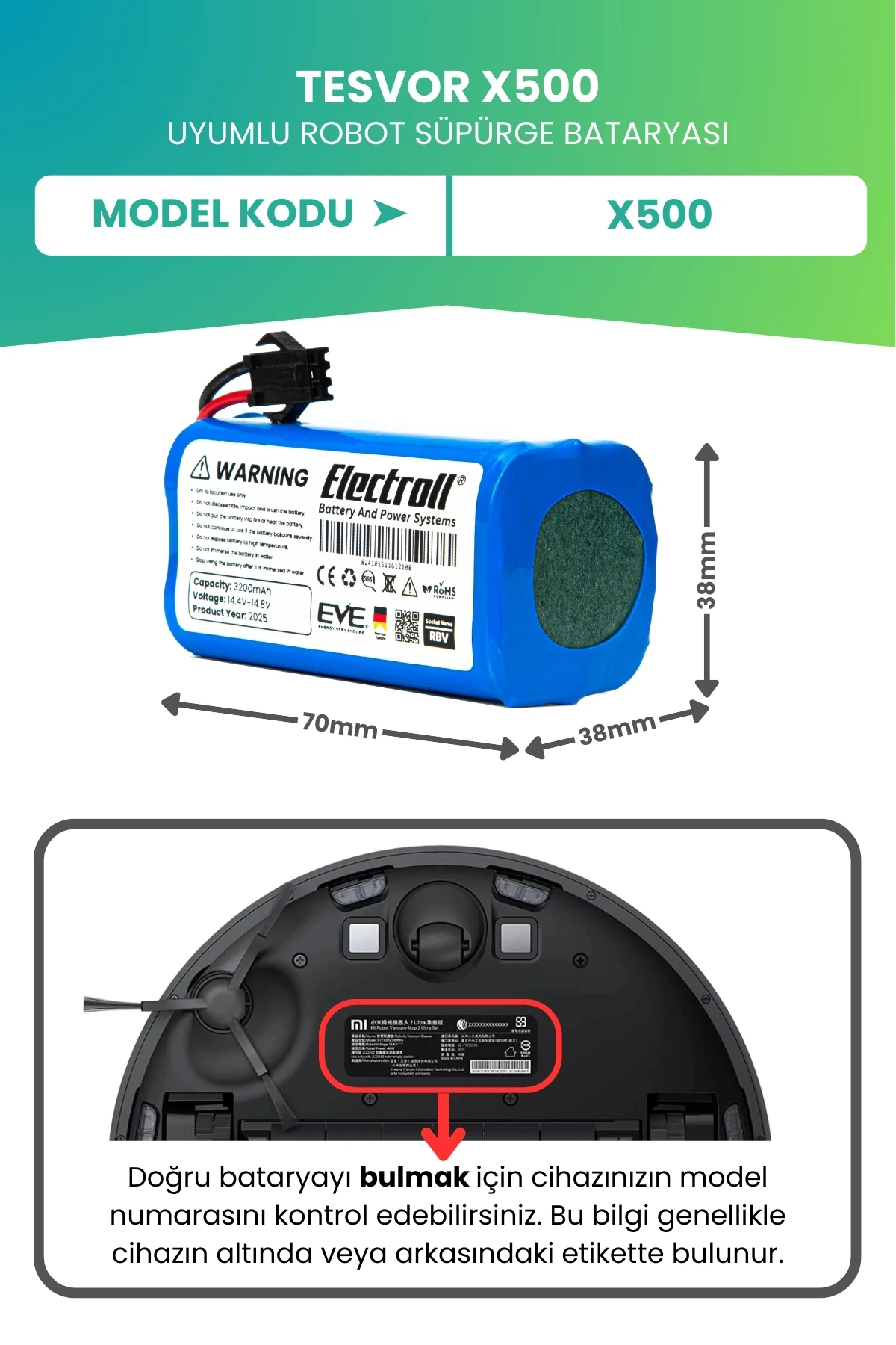 Tesvor X500 Uyumlu Batarya (ULTRA YÜKSEK KAPASİTE) 3200mah Pil Robot Süpürge Bataryası