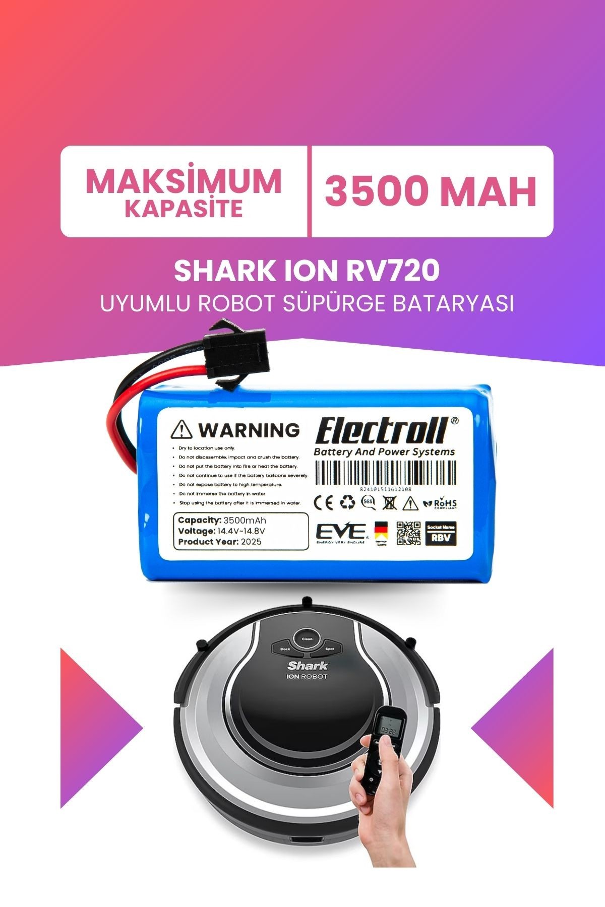 Shark Ion Rv720 Uyumlu Batarya (MAKSİMUM KAPASİTE) 3500mah Pil Robot Süpürge Bataryası