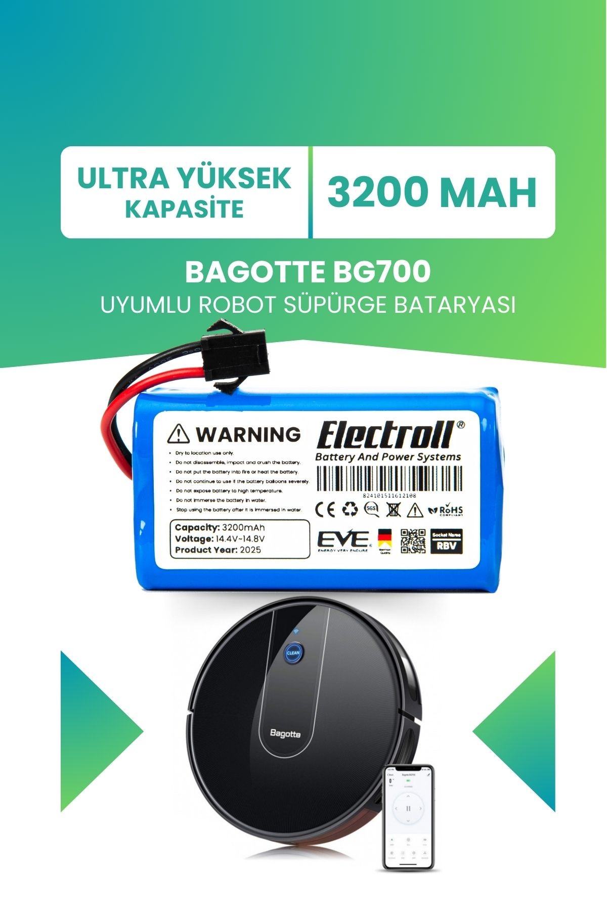 Bagotte Bg700 Uyumlu Batarya (ULTRA YÜKSEK KAPASİTE) 3200mah Pil Akıllı Robot Süpürge Bataryası
