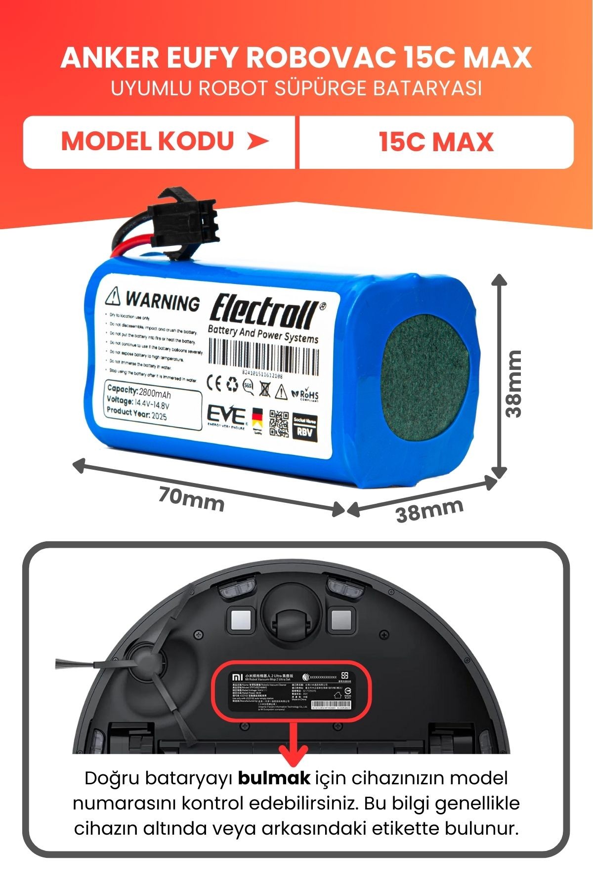 Eufy Robovac 15c Max Uyumlu Batarya (YÜKSEK KAPASİTE) 2800mah Pil Robot Süpürge Bataryası