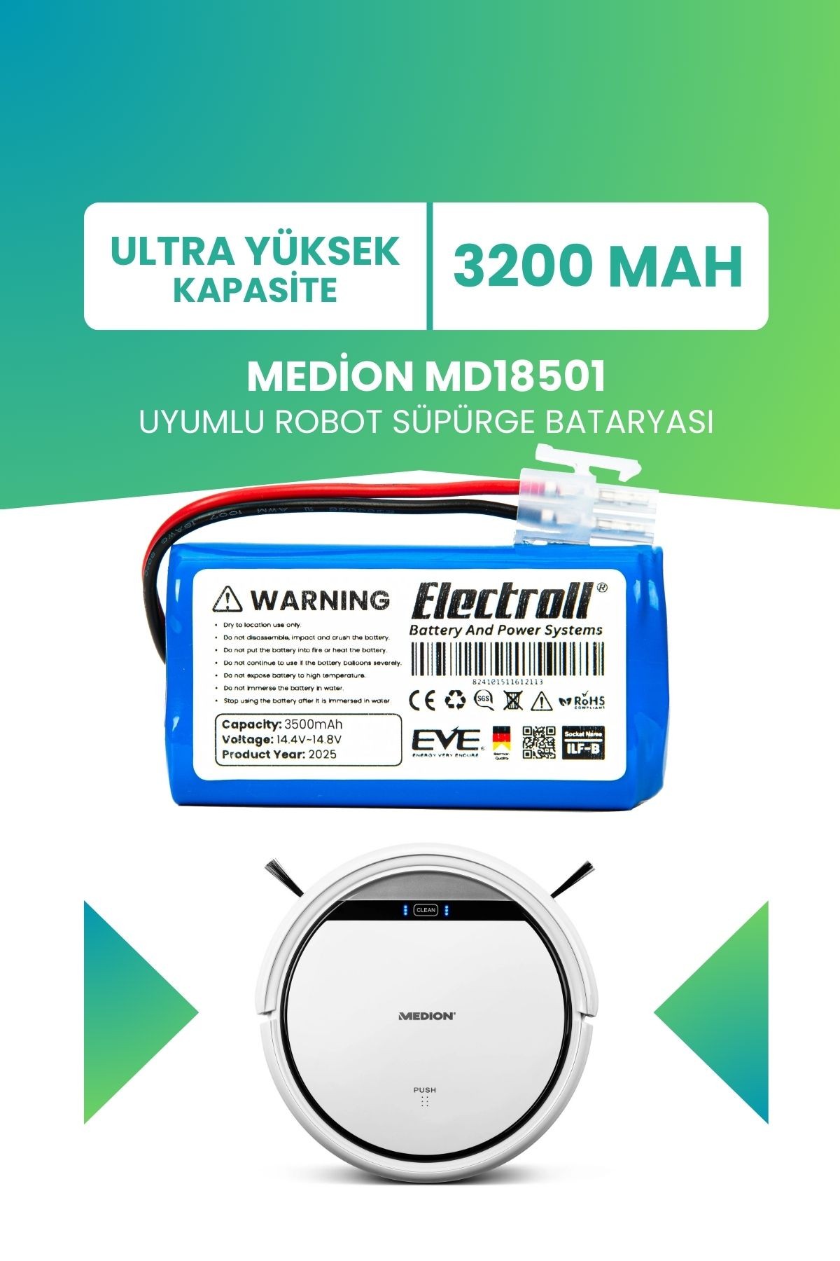 Medion MD18501 Uyumlu Batarya (ULTRA YÜKSEK KAPASİTE) 3200mah Pil Robot Süpürge Batarya