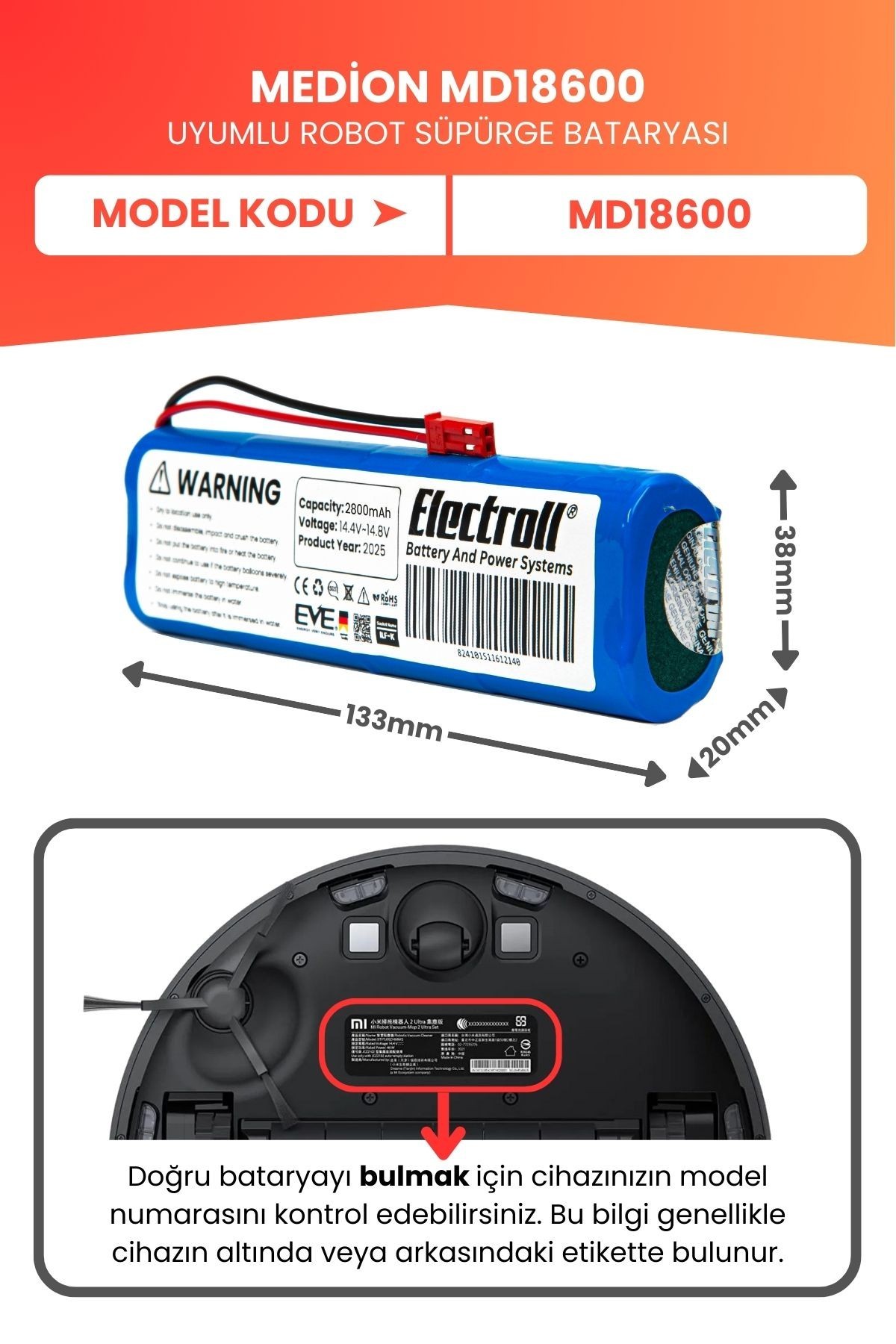 Medion Md18600 Uyumlu Batarya (YÜKSEK KAPASİTE) 2800mah Pil Robot Süpürge Bataryası Değişimi