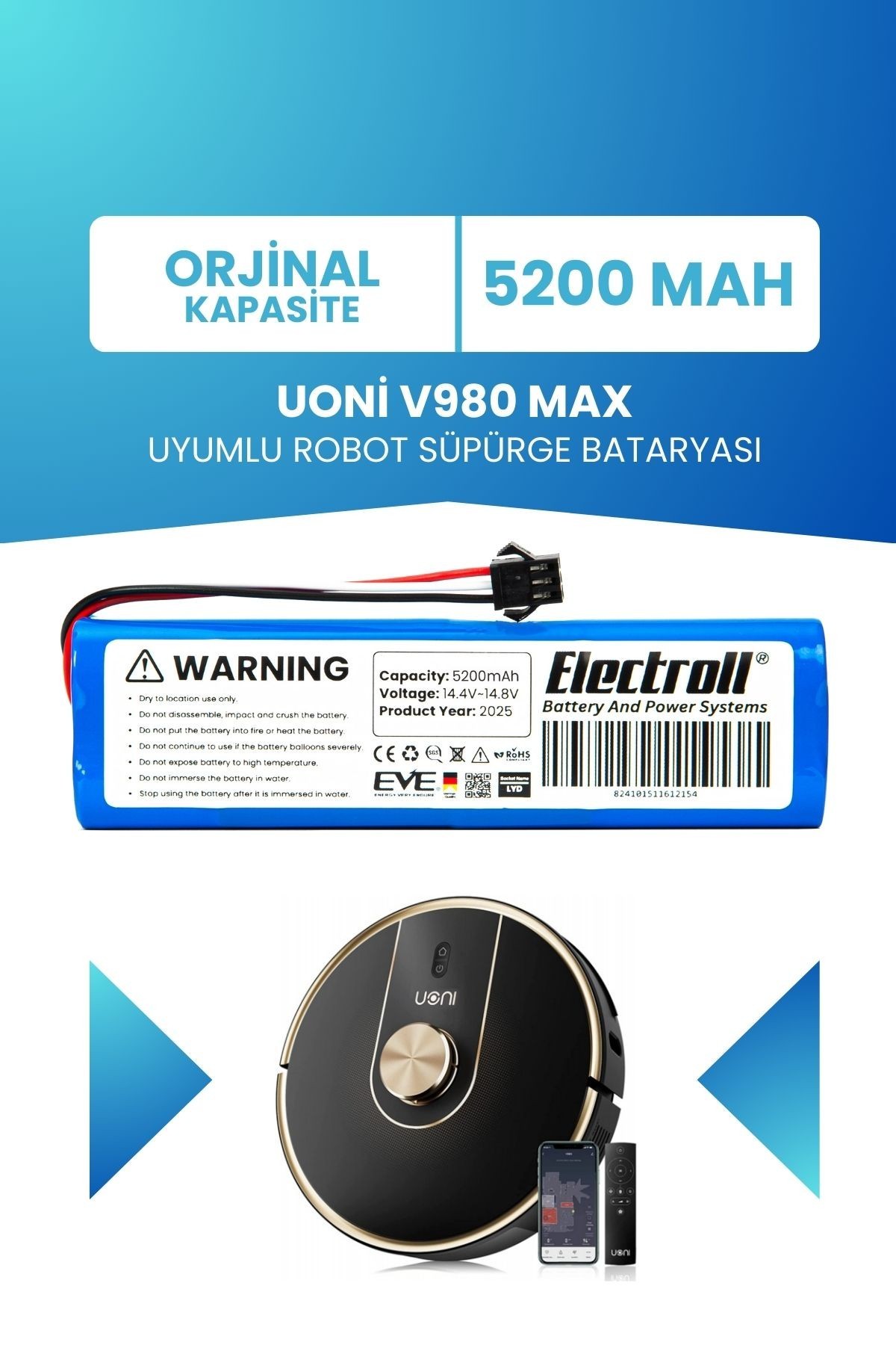 Uoni V980 Max Uyumlu Batarya (ORJİNAL KAPASİTE) 5200mah Pil Robot Süpürge Bataryası Değişimi