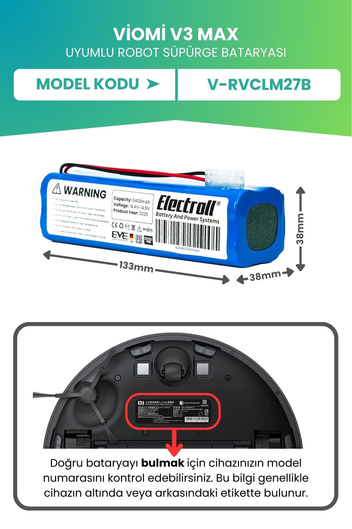 Viomi V3 Max Uyumlu Batarya (ULTRA YÜKSEK KAPASİTE) 6400mah Pil Robot Süpürge Bataryası V-rvclm27b