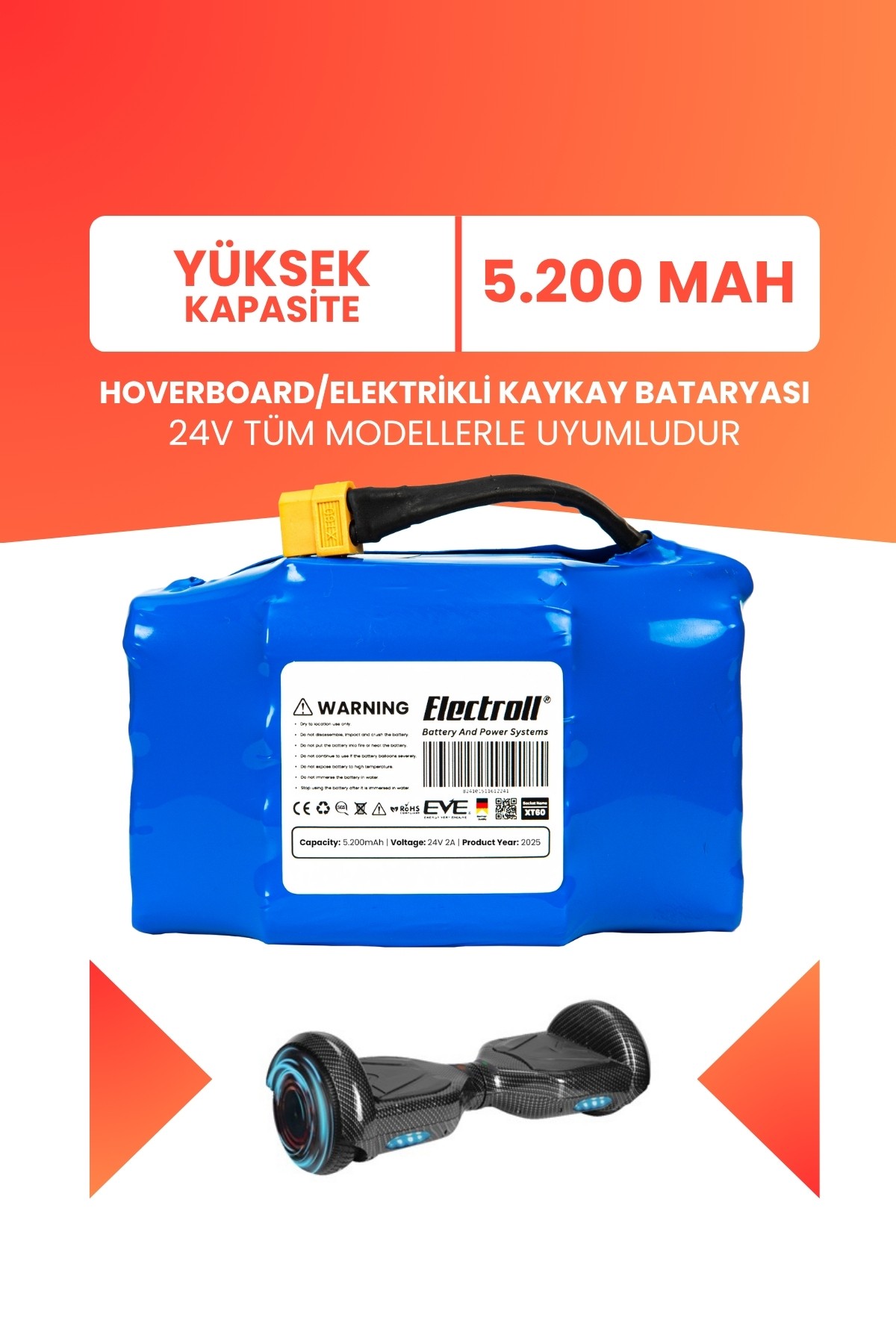 Hoverboard / Elektrikli Kaykay Bataryası 24v 5.200mah (YÜKSEK KAPASİTE) Güçlendirilmiş Batarya
