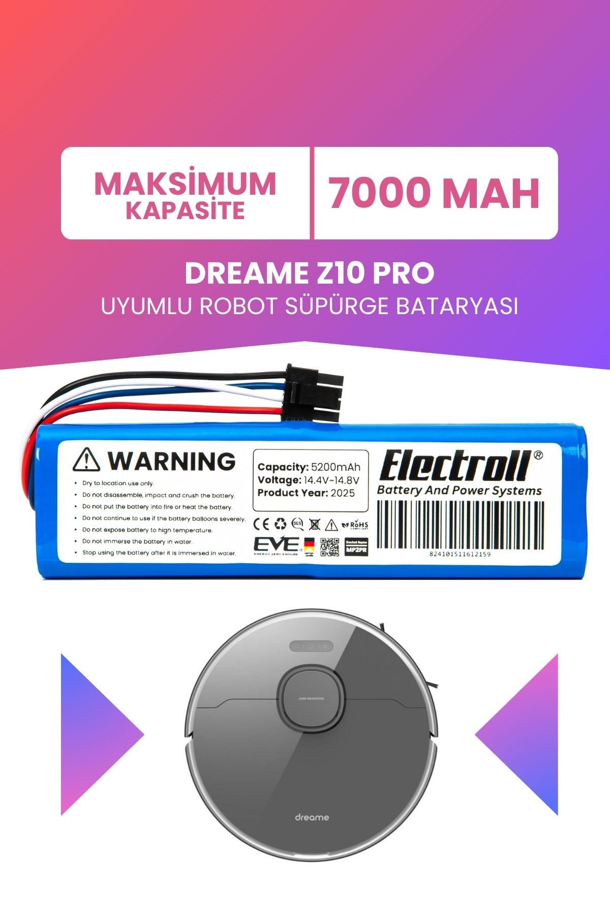 Dreame Z10 Pro Uyumlu Batarya (MAKSİMUM KAPASİTE) 7000mah Akıllı Robot Süpürge Bataryası Değişimi