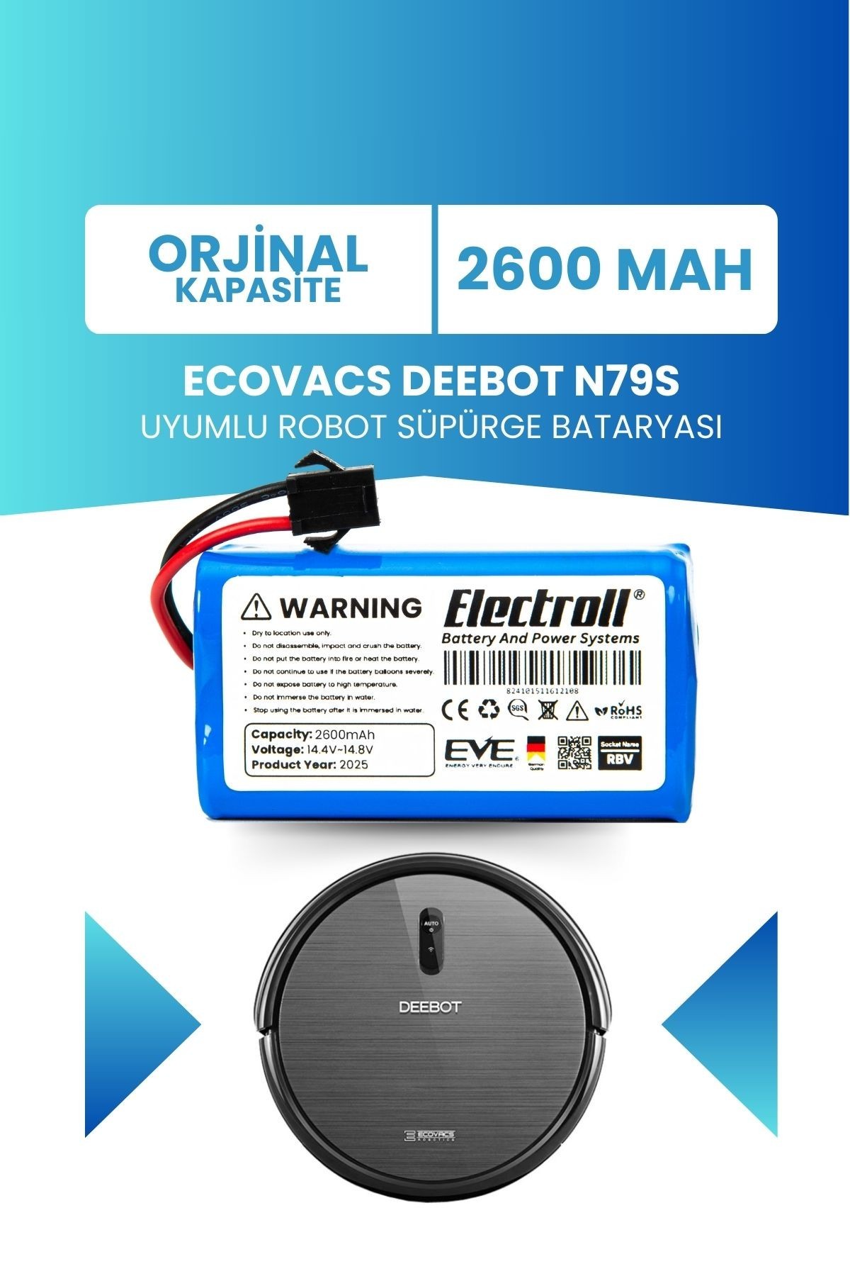 Ecovacs Deebot N79s Uyumlu Batarya (ORJİNAL KAPASİTE) 2600mah Pil Robot Süpürge Bataryası
