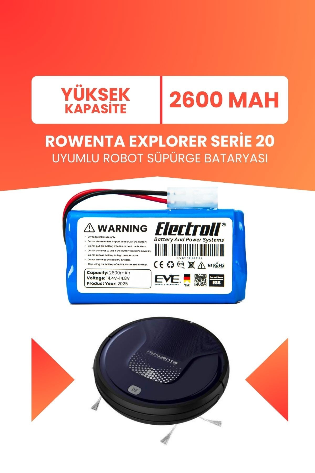 Rowenta Explorer Serie 20 Uyumlu Batarya (YÜKSEK KAPASİTE) 2600mah Pil Robot Süpürge Batarya