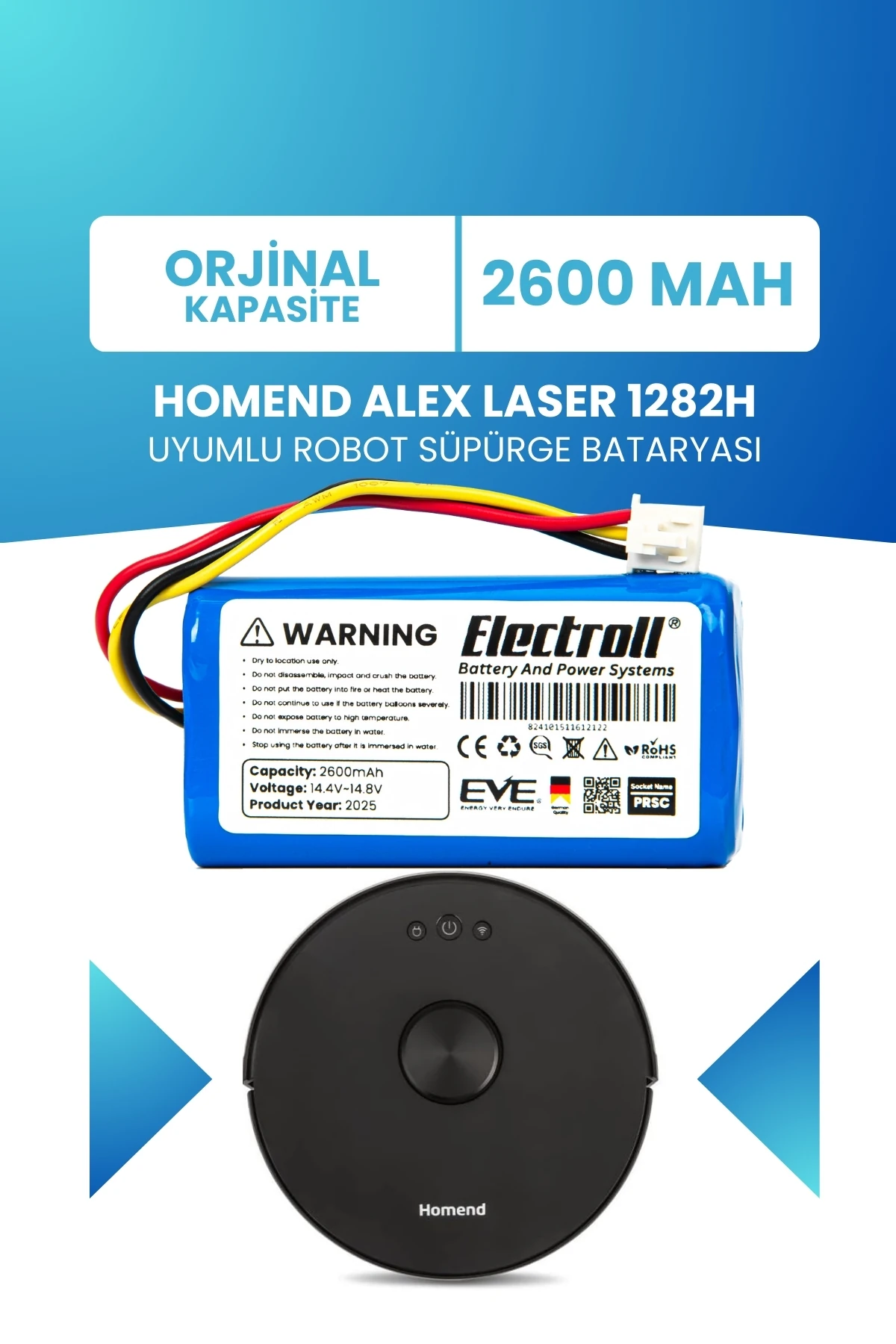 Homend Alex Laser 1282h Robot Süpürge Bataryası (ORJİNAL KAPASİTE) 2600mah Robot Süpürge Pil