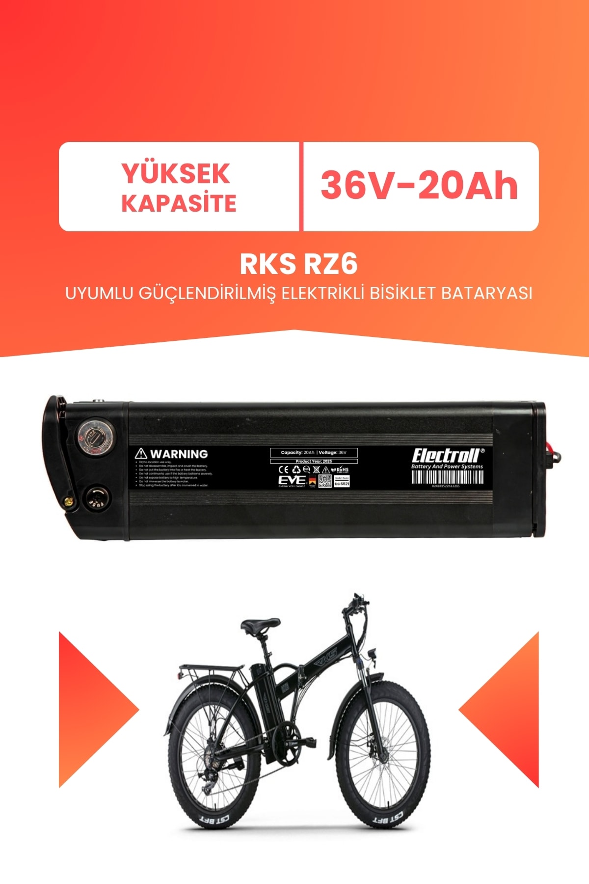 RKS RZ6 Uyumlu 36V 20Ah (Yüksek Kapasite) Güçlendirilmiş Elektrikli Bisiklet Batarya Tamir, Revizyon ve Pil Yenileme
