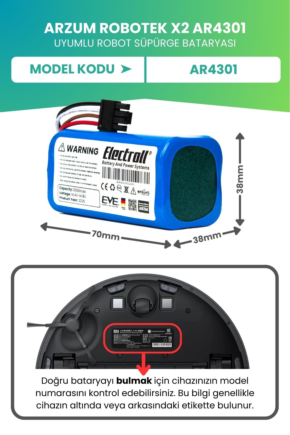Arzum Robotek X2 Ar4301 Uyumlu Batarya (ULTRA YÜKSEK KAPASİTE) 3200mah Pil Robot Süpürge Bataryası