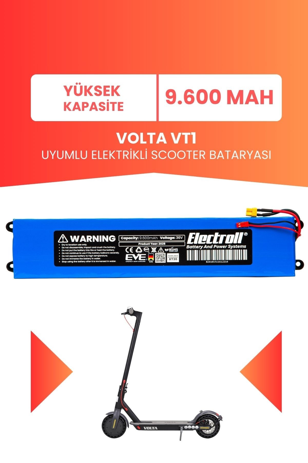 Volta Vt1 Batarya (YÜKSEK KAPSİTE) 36v 9.600 Mah Elektrikli Scooter Bataryası