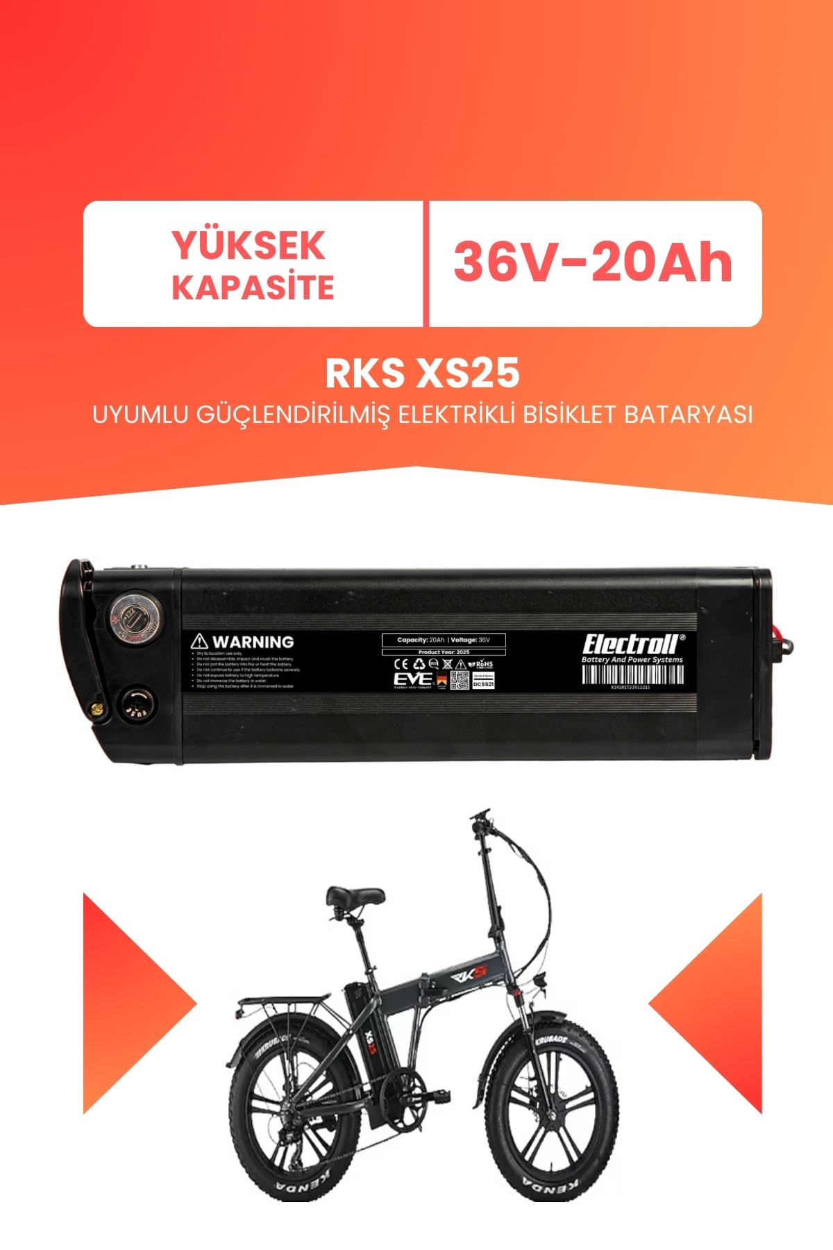 RKS XS25 Uyumlu 36V 20Ah (Yüksek Kapasite) Güçlendirilmiş Elektrikli Bisiklet Batarya Tamir, Revizyon ve Pil Yenileme