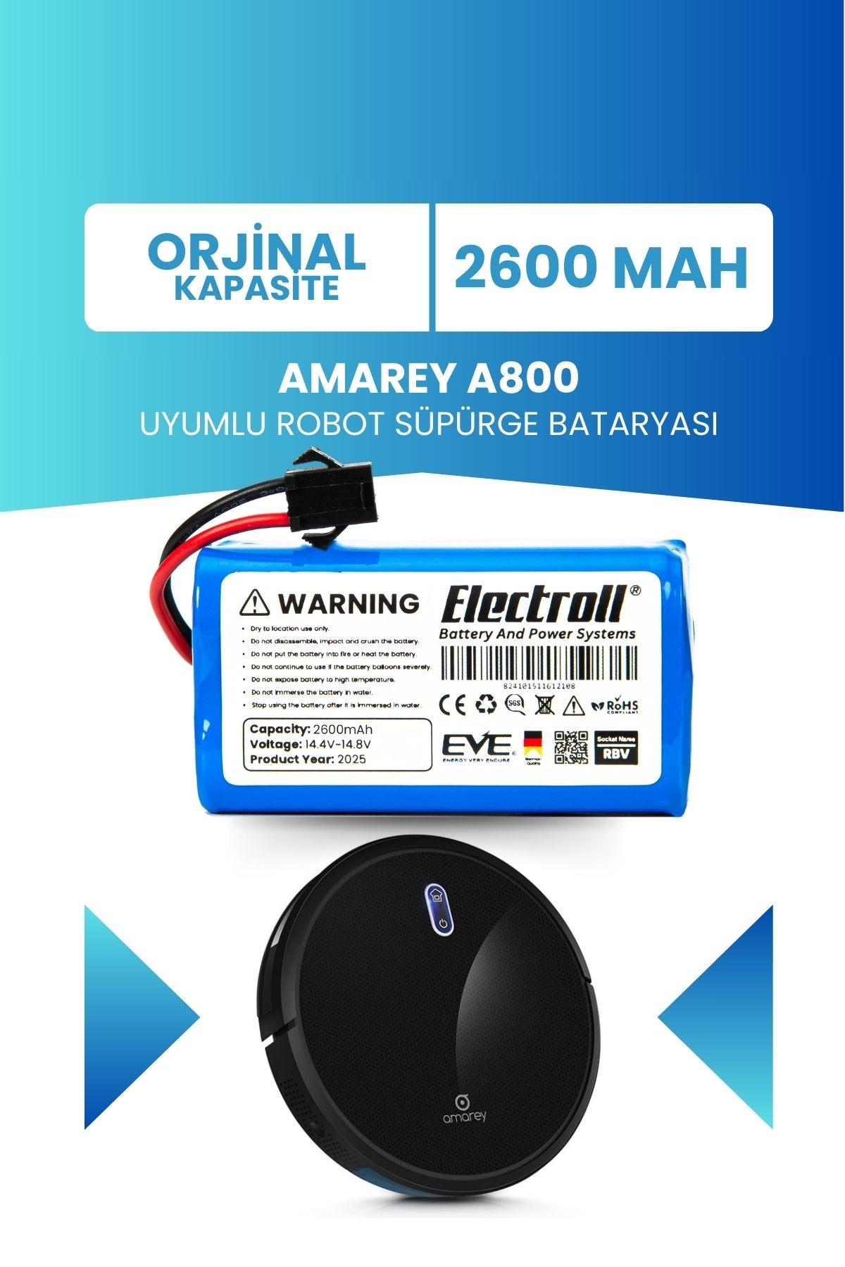 Amarey A800 Uyumlu Batarya (ORJİNAL KAPASİTE) 2600mah Pil Akıllı Robot Süpürge Bataryası