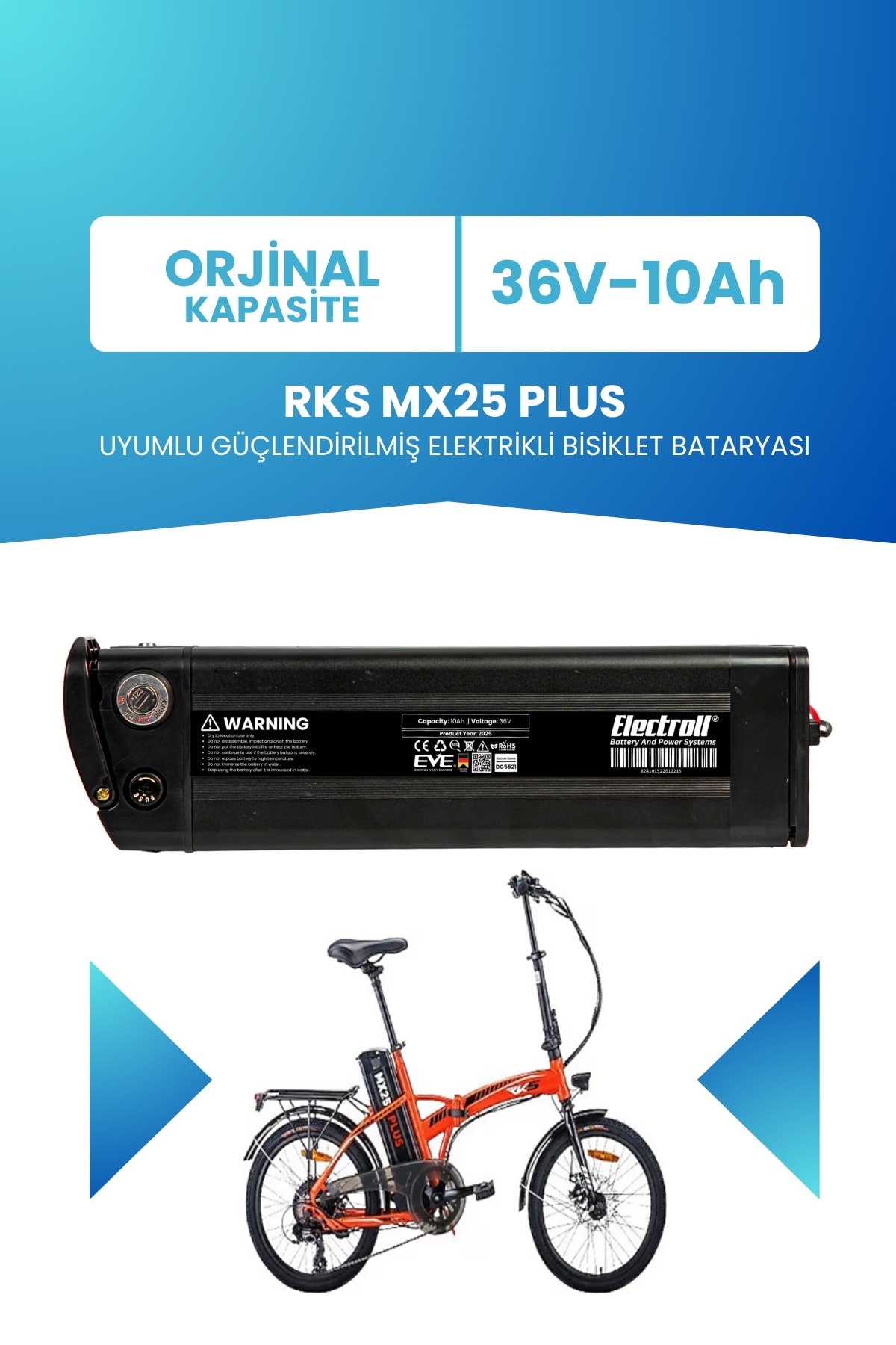 RKS MX25 PLUS Uyumlu Güçlendirilmiş Elektrikli Bisiklet Bataryası