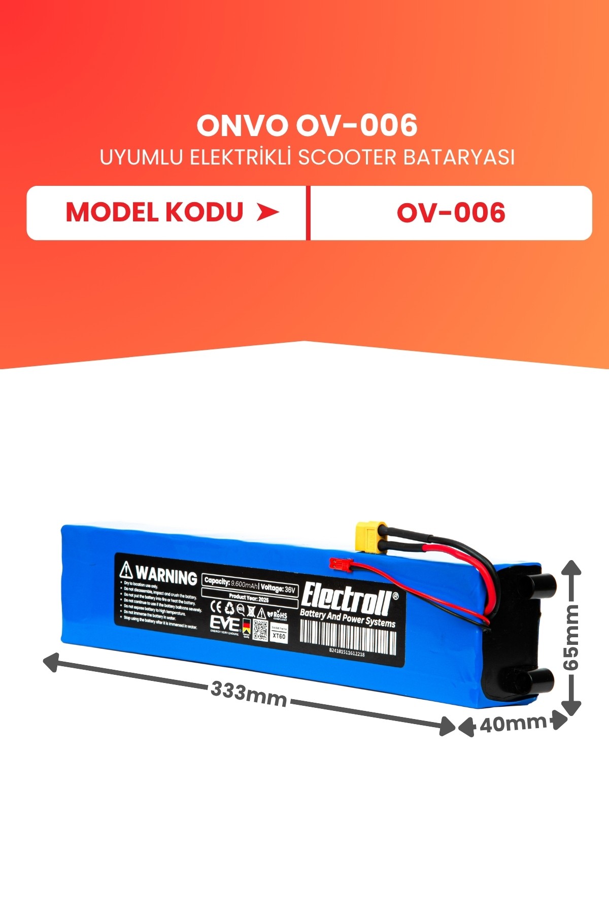 Onvo Ov-006 Uyumlu Batarya (Yüksek Kapasite) 36v 9.600Mah Elektrikli Scooter Bataryası
