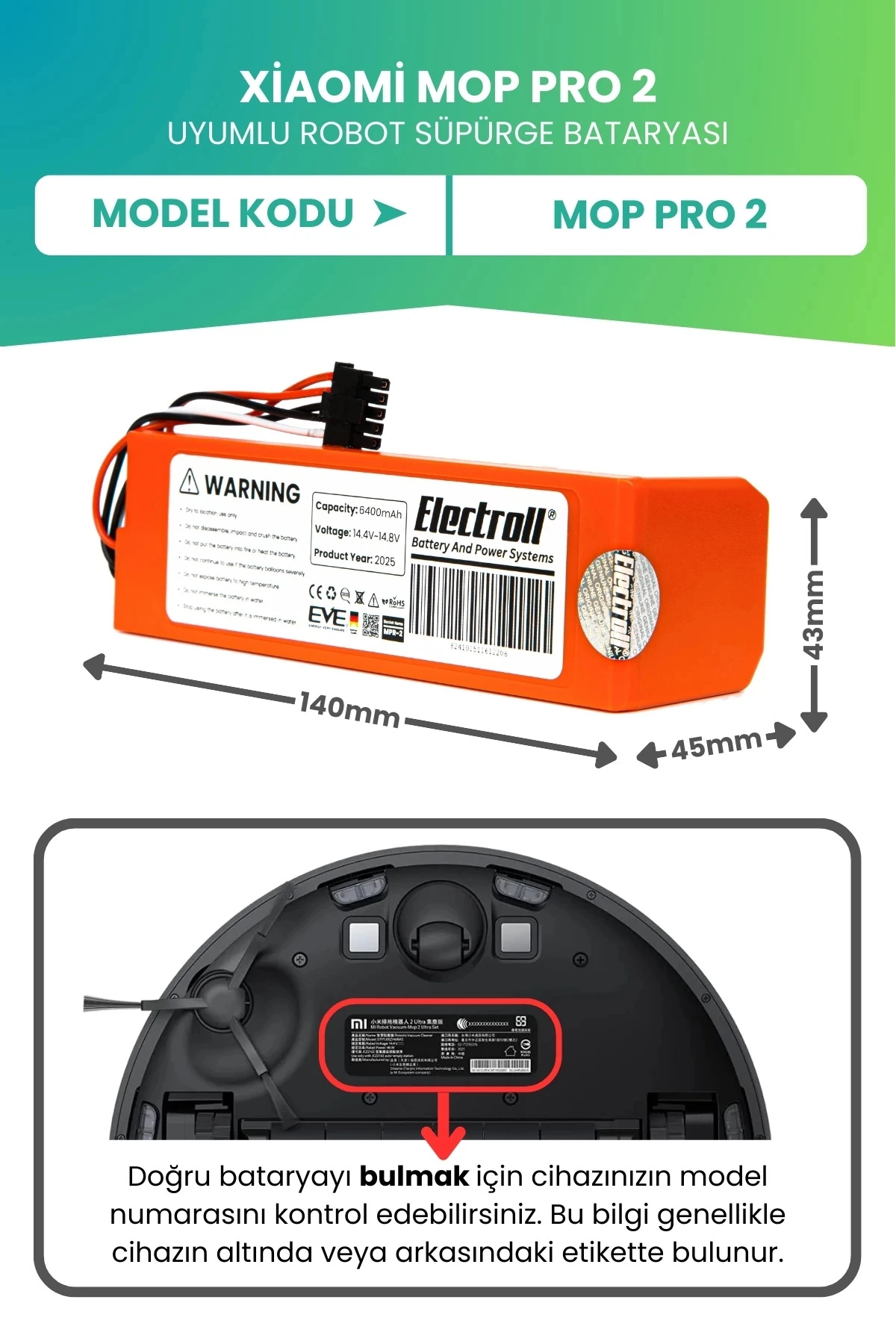 Xiaomi Mop Pro 2 Uyumlu Batarya (ULTRA YÜKSEK KAPASİTE) 6400mah Kutulu Robot Süpürge Pil Değişimi