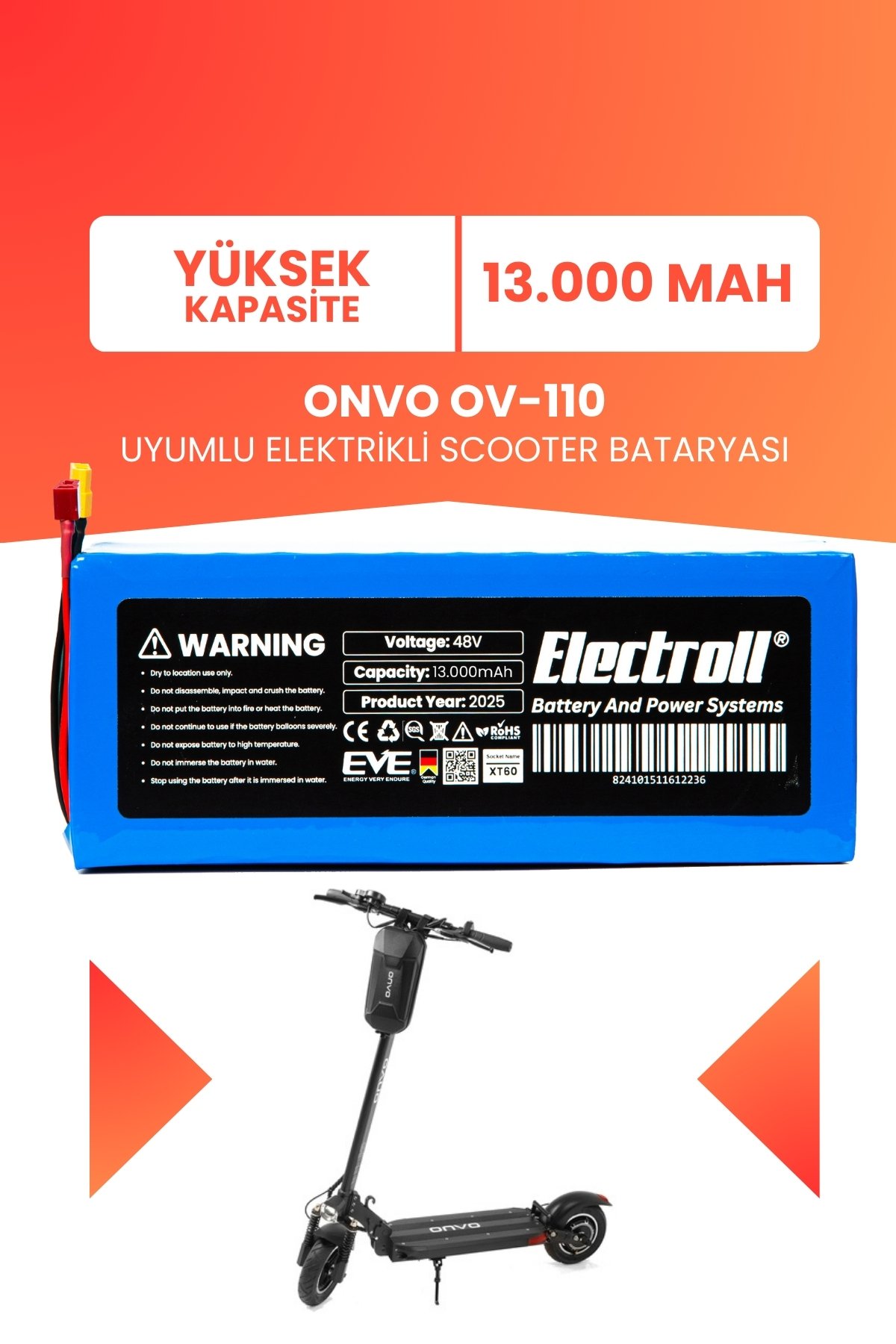 ONVO OV-110 Batarya (Yüksek Kapasite) Batarya 48v 13ah Pil Elektrikli Scooter Bataryası