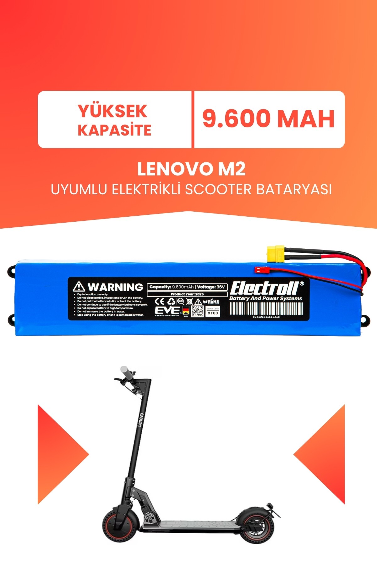 Lenovo M2 Uyumlu Batarya (Yüksek Kapasite) 36v 9.600Mah Elektrikli Scooter Bataryası