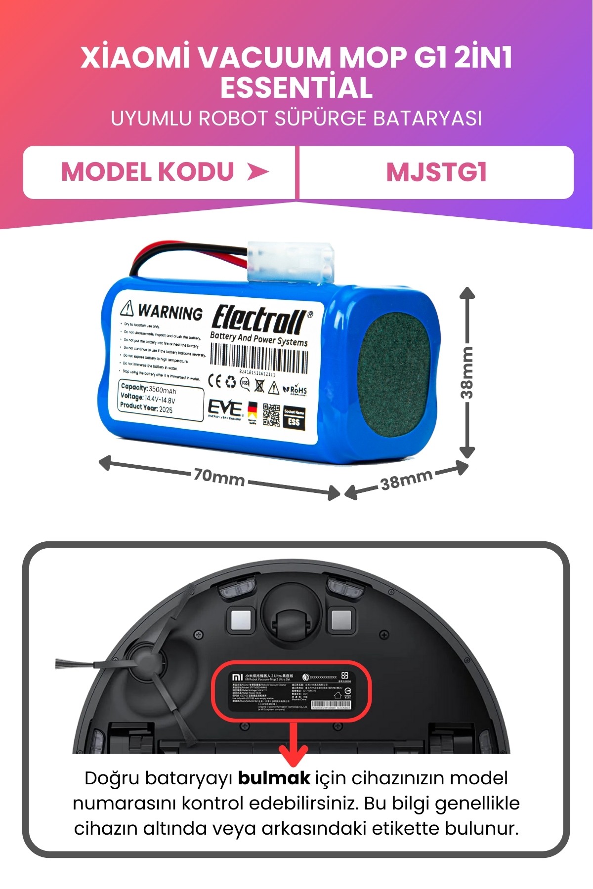 Xiaomi Vacuum Mop G1 2in1 Essential Batarya (MAKSİMUM KAPASİTE) 3500mah Robot Süpürge Pili MJSTG1