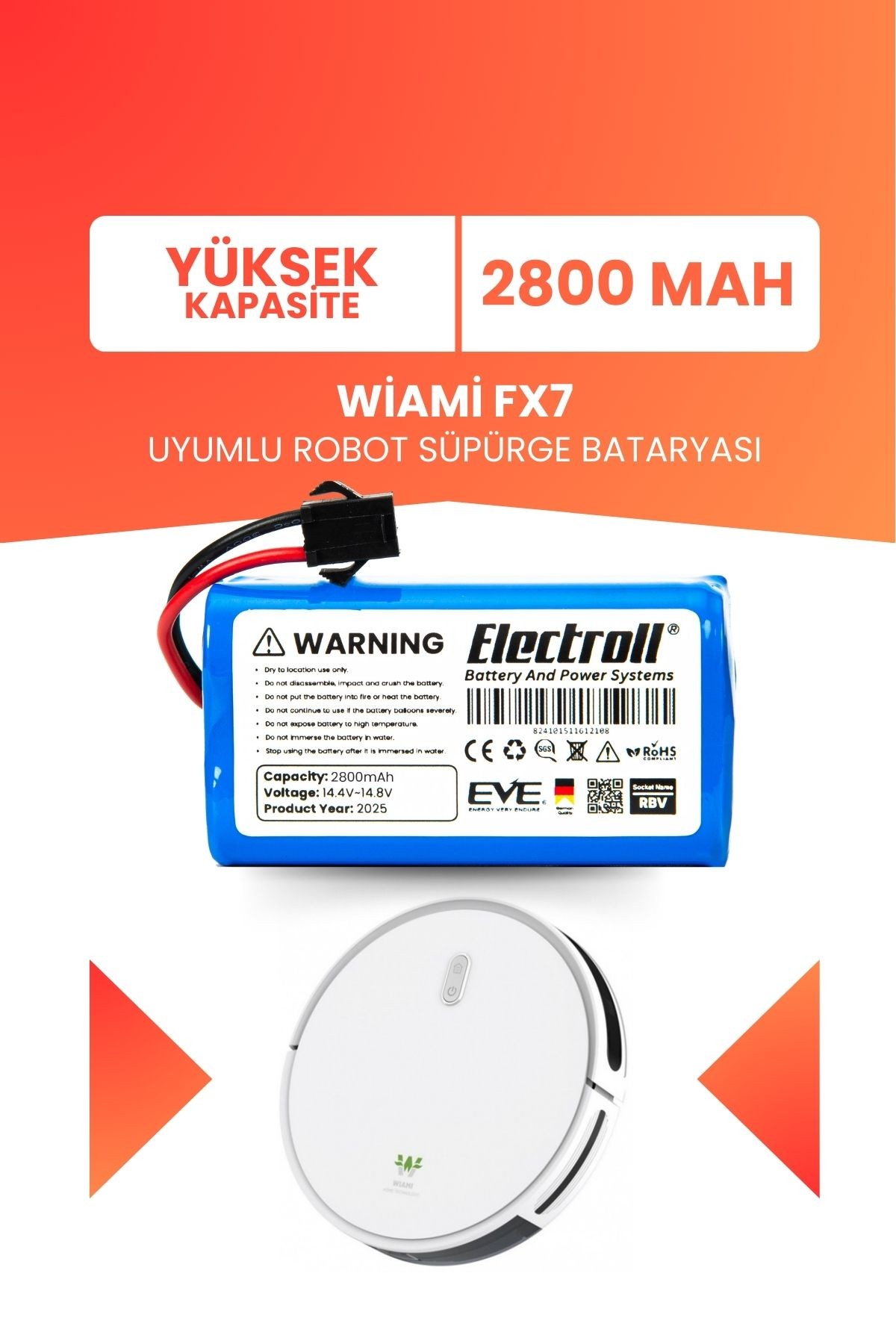 Wiami Fx7 Uyumlu Batarya (YÜKSEK KAPASİTE) 2800mah Pil Robot Süpürge Bataryası