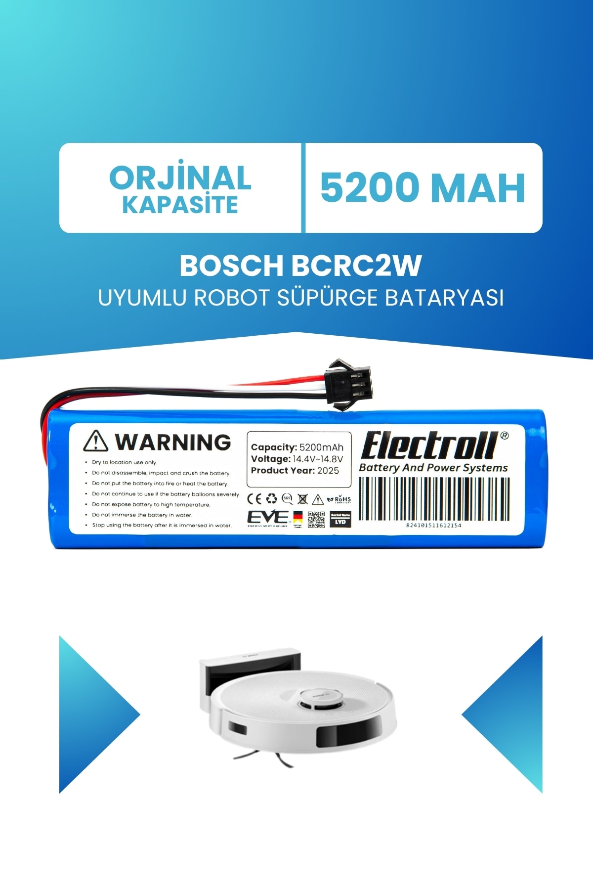 Bosch BCRC2W Uyumlu Batarya (STANDART KAPASİTE) 5200mah Pil Şarjlı Robot Süpürge Bataryası Tamir, Revizyon ve Pil Yenileme