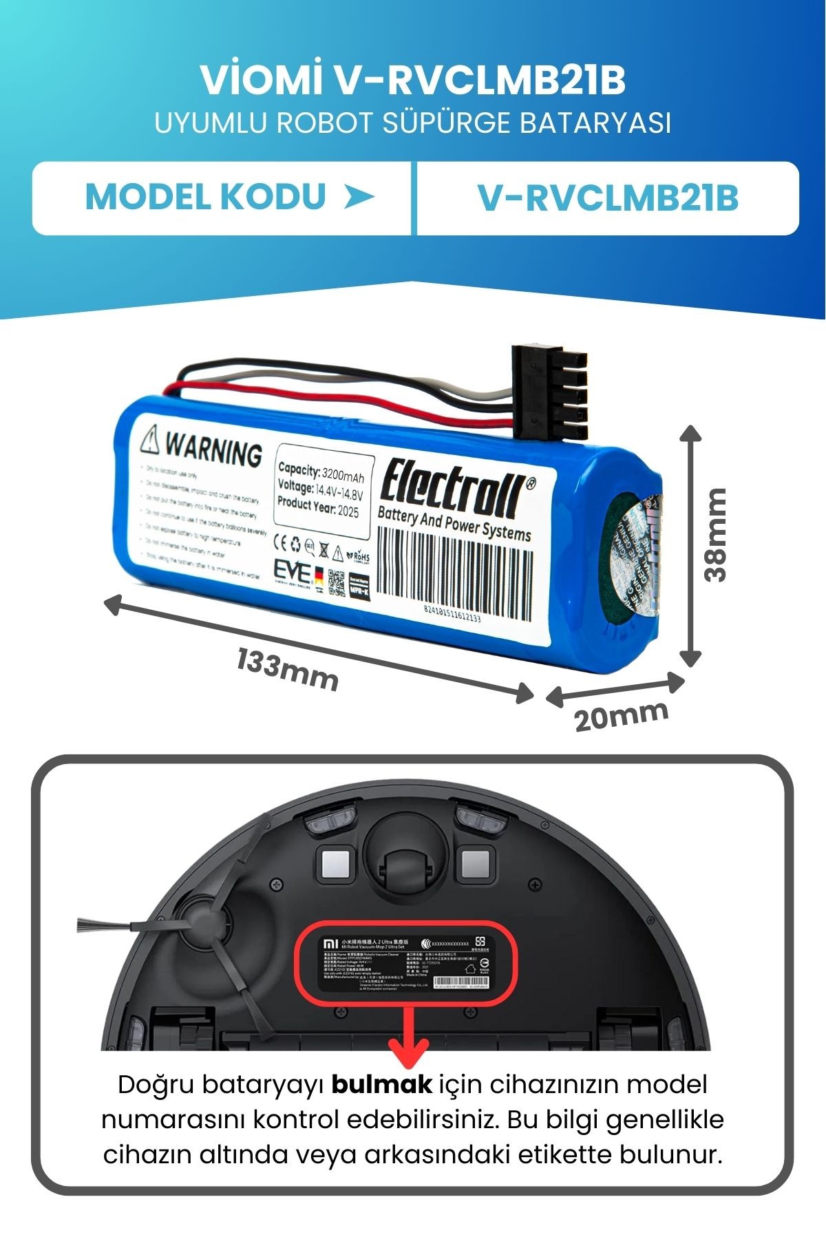 Viomi V-rvclmb21b Uyumlu Batarya (ORJİNAL KAPASİTE) 3200mah Pil Robot Süpürge Bataryası Değişimi