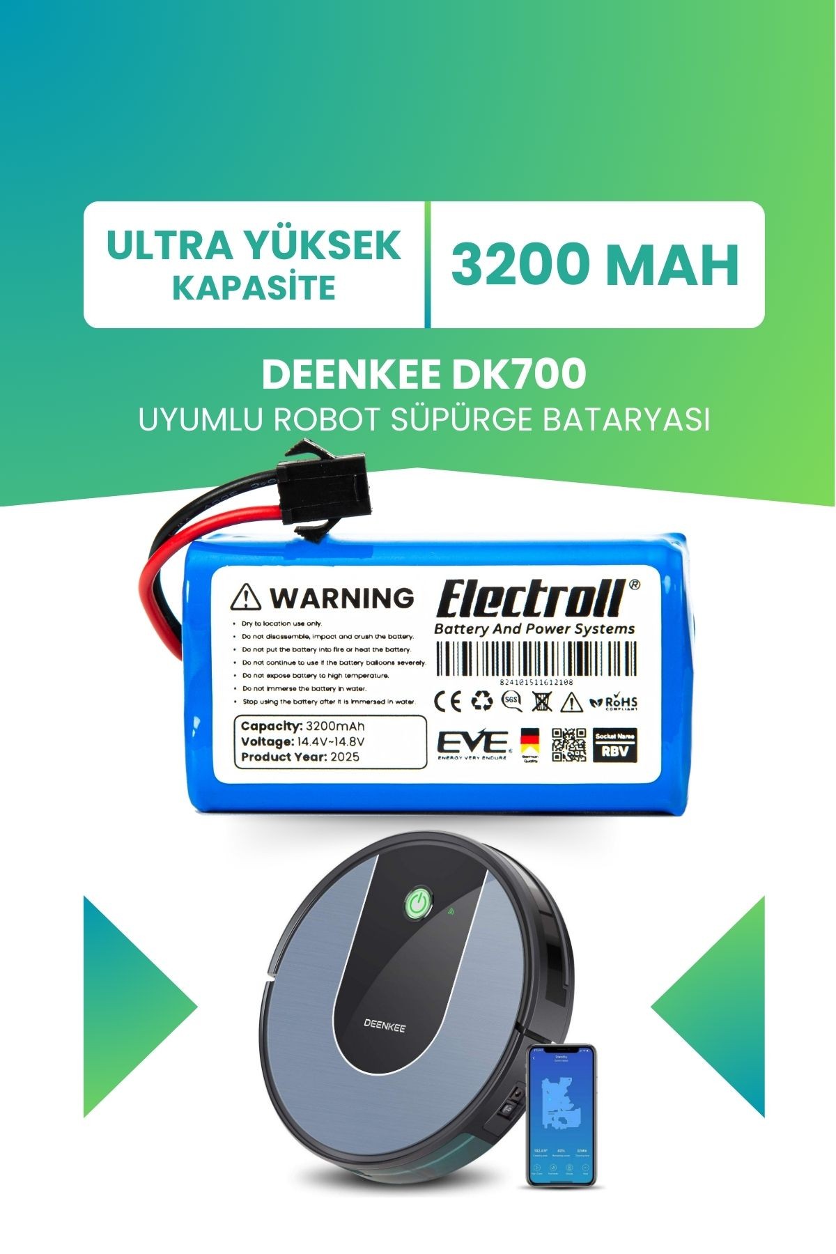 Deenkee Dk700 Uyumlu Batarya (ULTRA YÜKSEK KAPASİTE) 3200mah Pil Akıllı Robot Süpürge Bataryası