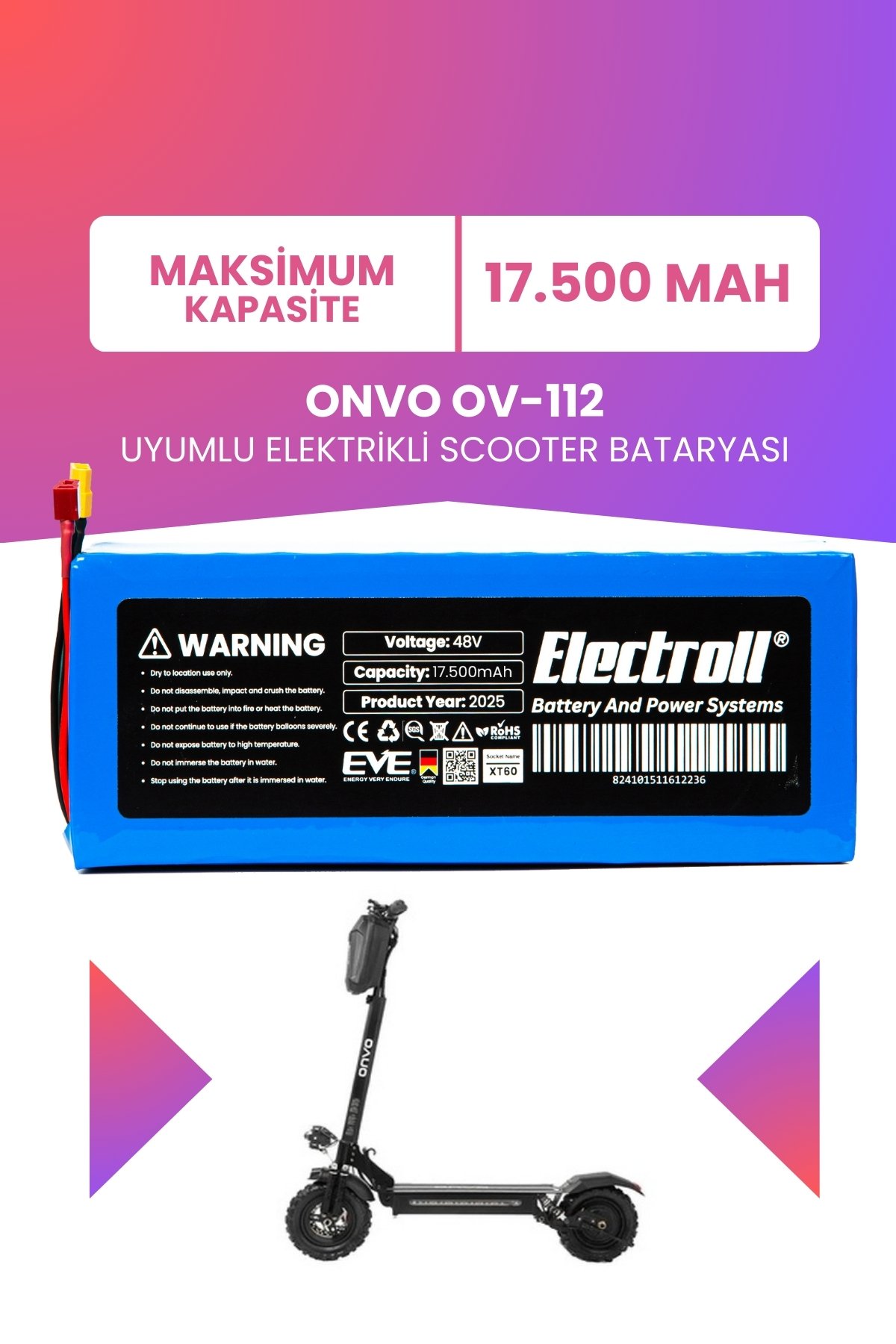 ONVO OV-112 (Maksimum Kapasite) Batarya 48v 17.5ah Pil Elektrikli Scooter Bataryası