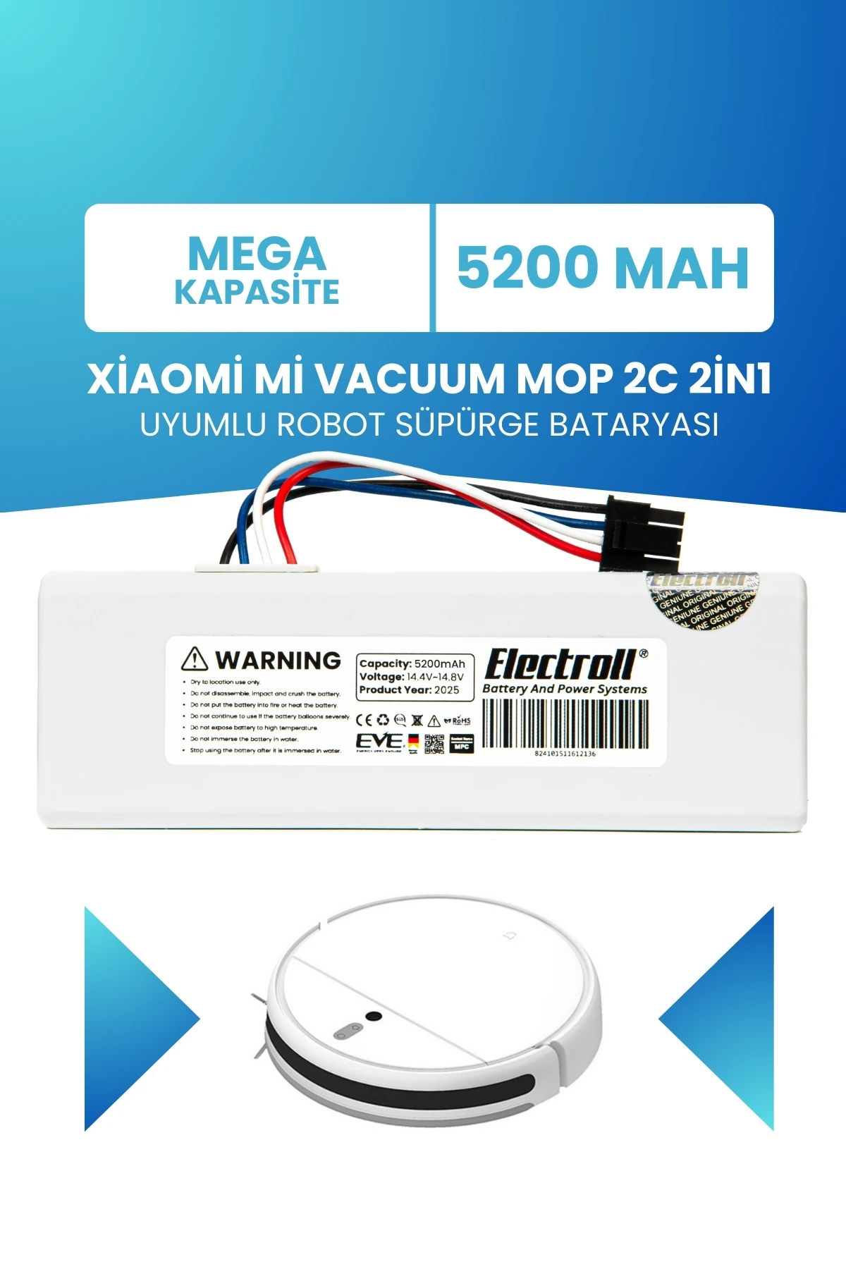 Xiaomi Mi Vacuum Mop 2c 2in1 Uyumlu Batarya (MEGA KAPASİTE) 5200mah Robot Süpürge Pil Xmstjqr2c