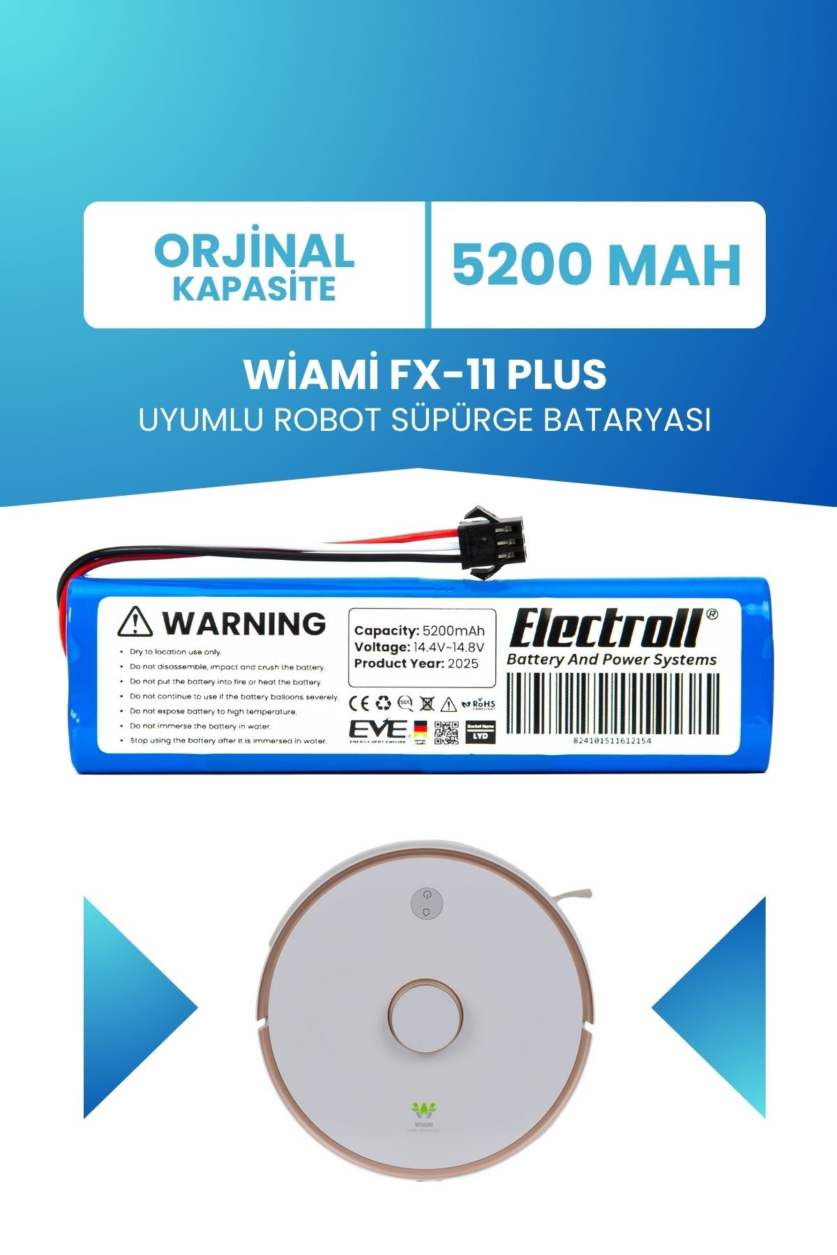 Wiami Fx-11 Plus Uyumlu Batarya (ORJİNAL KAPASİTE) 5200mah Pil Robot Süpürge Bataryası Değişimi