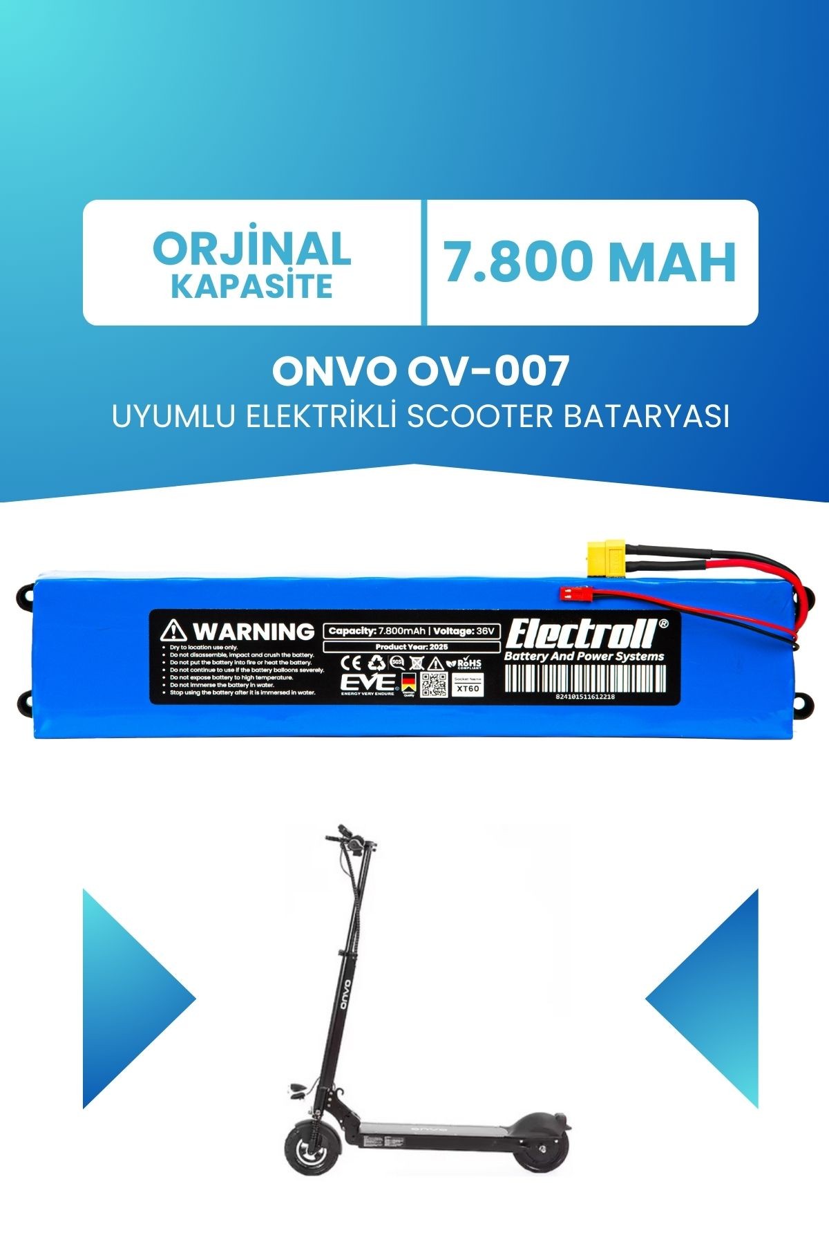 Onvo Ov-007 Uyumlu Batarya (ORJİNAL KAPASİTE) 36v 7800mah Pil Elektrikli Scooter Bataryası Değişimi