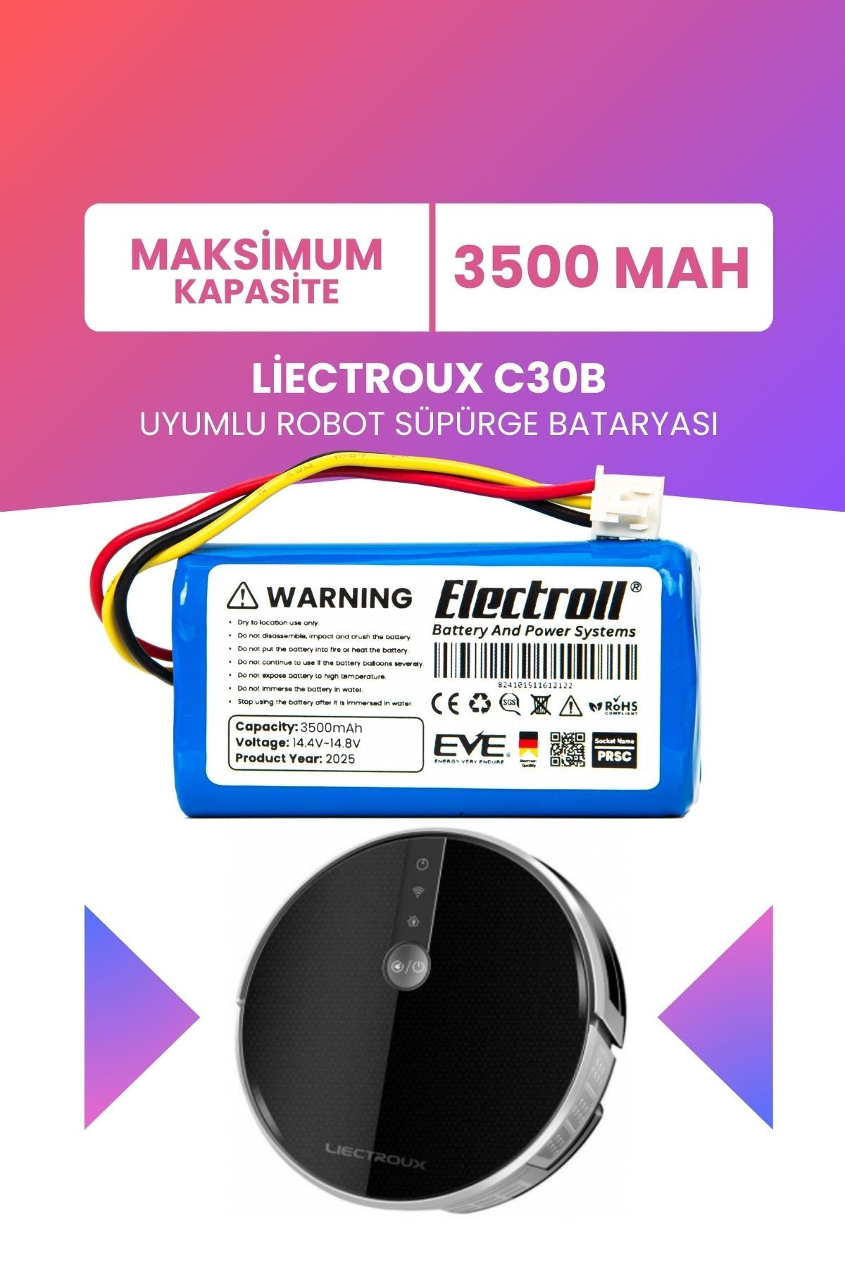 Liectroux C30B Uyumlu Batarya (MAKSİMUM KAPASİTE) 3500mah Pil Robot Süpürge Batarya Değişimi