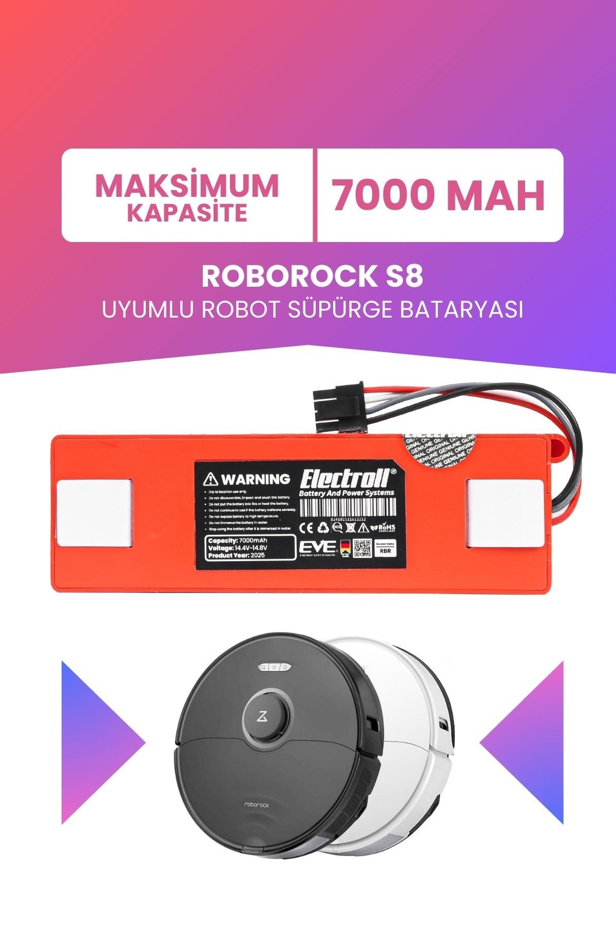 Roborock S8 Pro Ultra Uyumlu Batarya (MAKSİMUM KAPASİTE) 7000mah Pil Robot Süpürge Batarya Değişimi