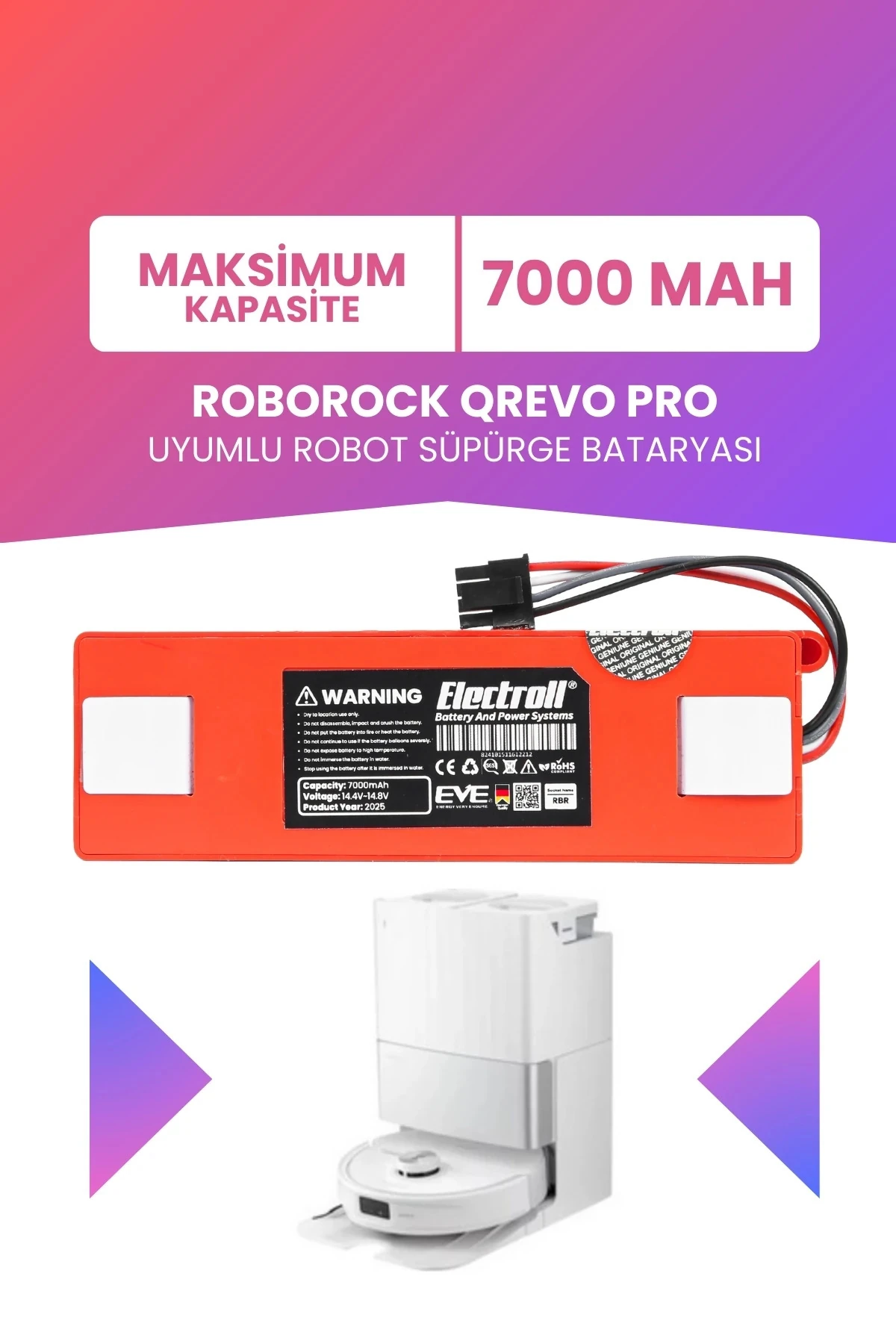 Roborock QREVO PRO Uyumlu Batarya (MAKSİMUM KAPASİTE) 7000mah Kutulu Robot Süpürge Pil Değişimi