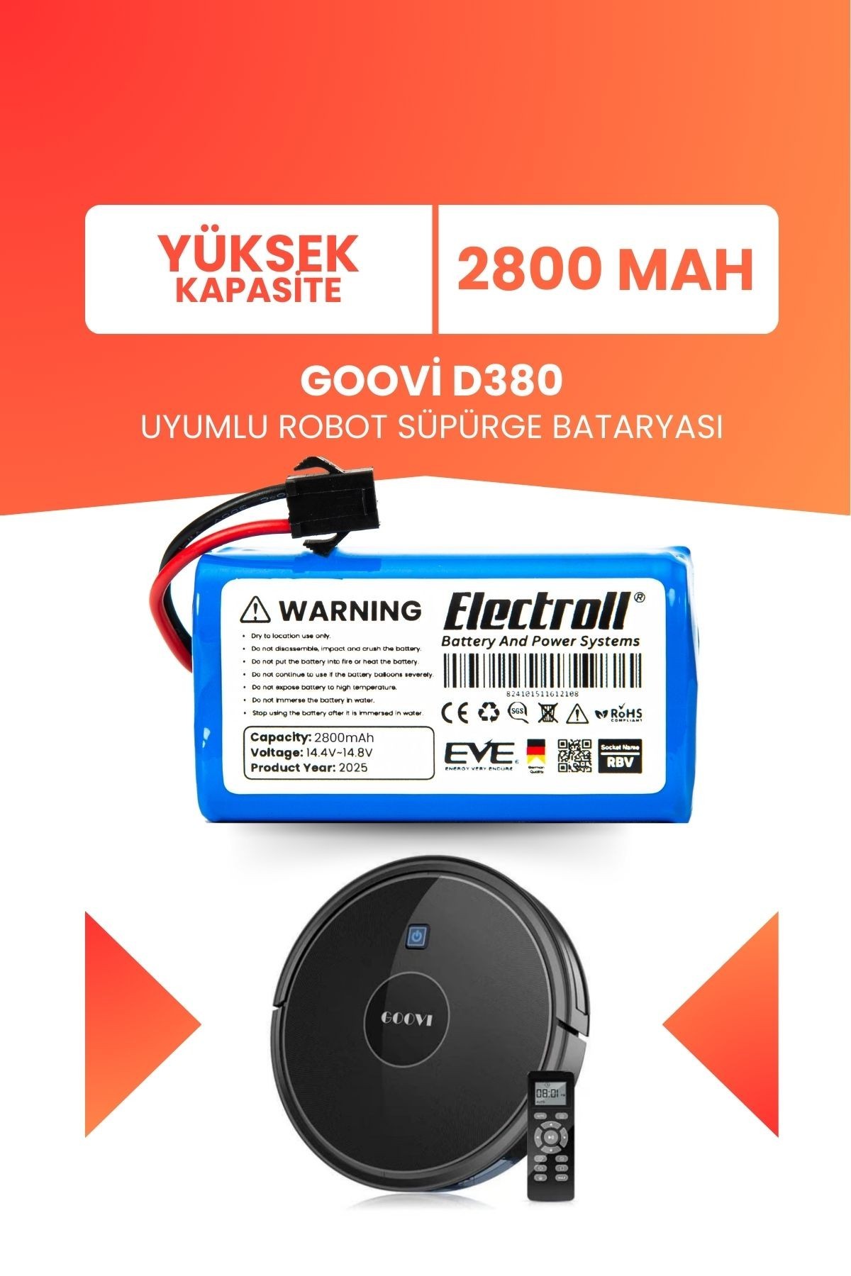 Goovi D380 Uyumlu Batarya (YÜKSEK KAPASİTE) 2800mah Pil Robot Süpürge Bataryası