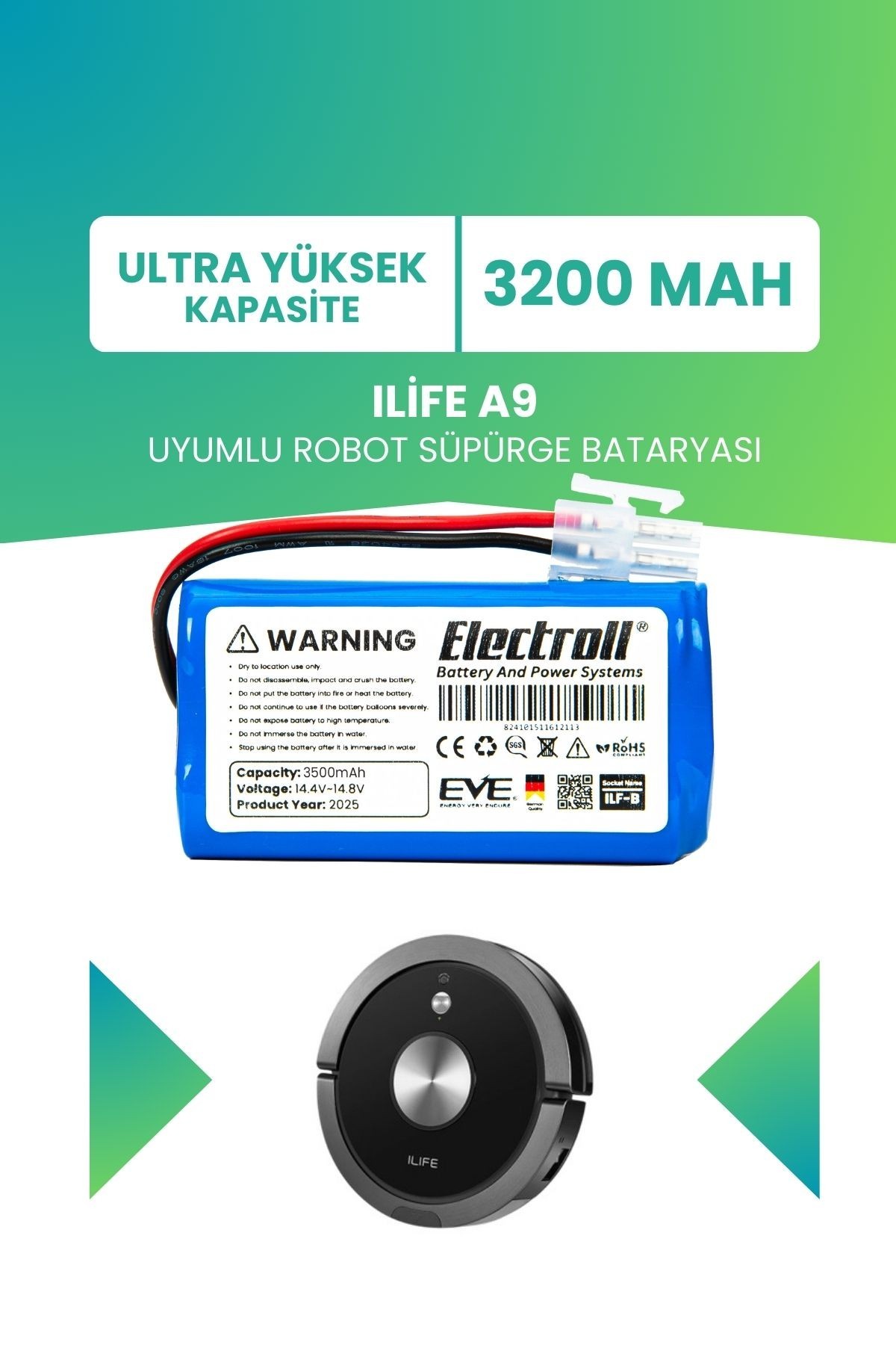 Ilife A9 Uyumlu Batarya (ULTRA YÜKSEK KAPASİTE) 3200mah Robot Süpürge Bataryası Değişimi