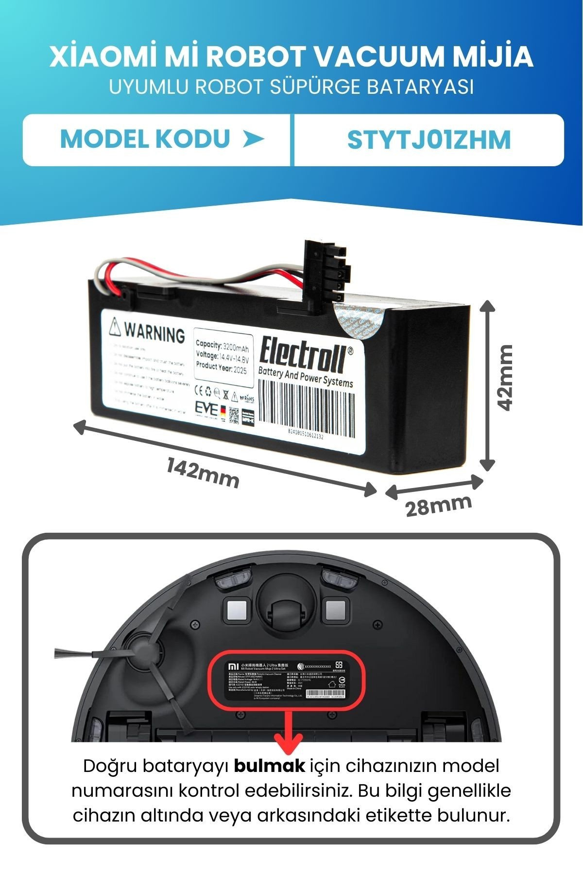Xiaomi Mi Robot Vacuum Mijia Uyumlu Batarya (ORJİNAL KAPASİTE) 3200mah Kutulu Stytj01zhm Robot Pil