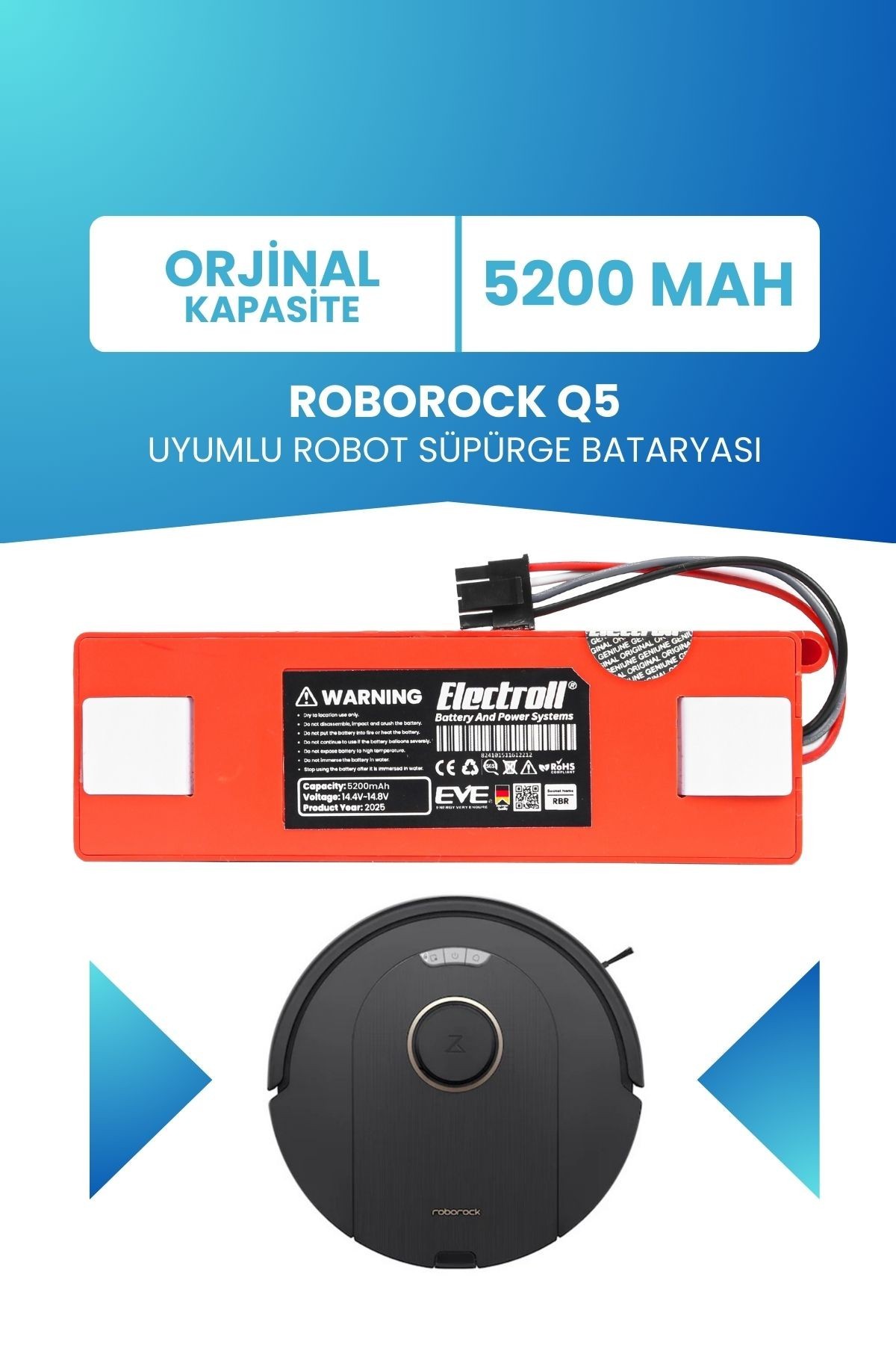 Roborock Q5 Uyumlu Batarya (ORJİNAL KAPASİTE) 5200mah Pil Kutulu Robot Süpürge Bataryası Değişimi